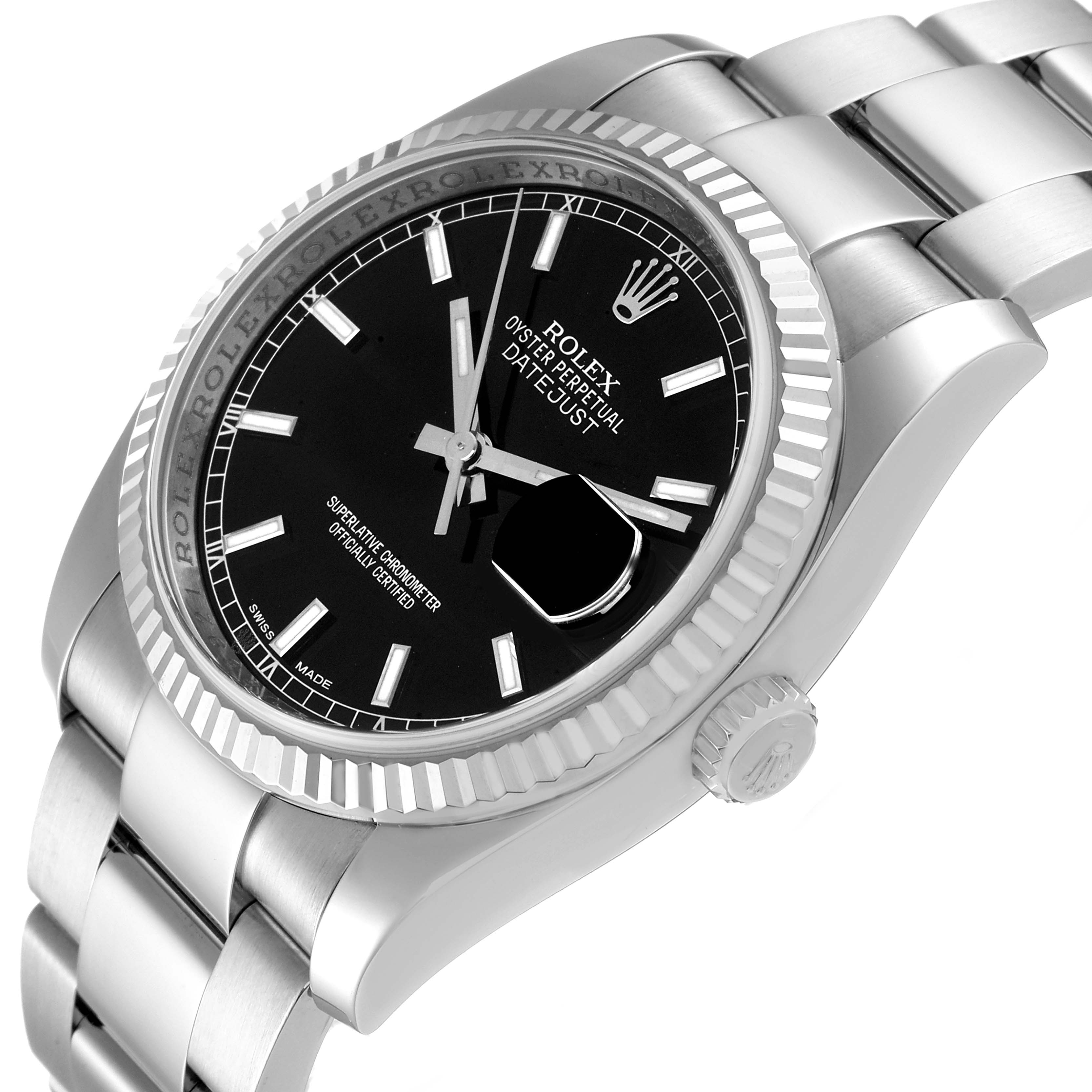 The Rolex Datejust 116234 Men's Stainless Steel Black Dial 116234 Men's Stainless Steel Black Dial watch is shown at an angle, highlighting its black dial, fluted bezel, and stainless steel bracelet.