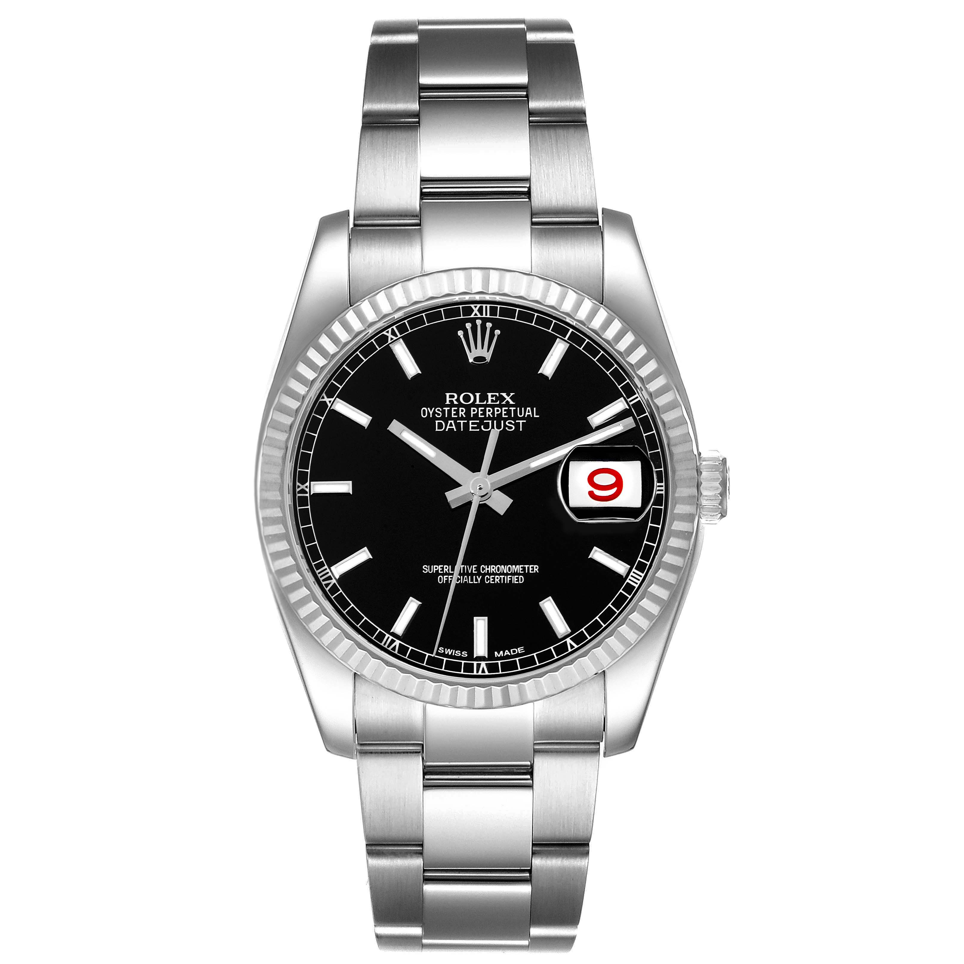 This image shows a front view of a Rolex Datejust 116234 Men's Stainless Steel Black Dial 116234 Men's Stainless Steel Black Dial watch, displaying the face, bezel, case, and bracelet.