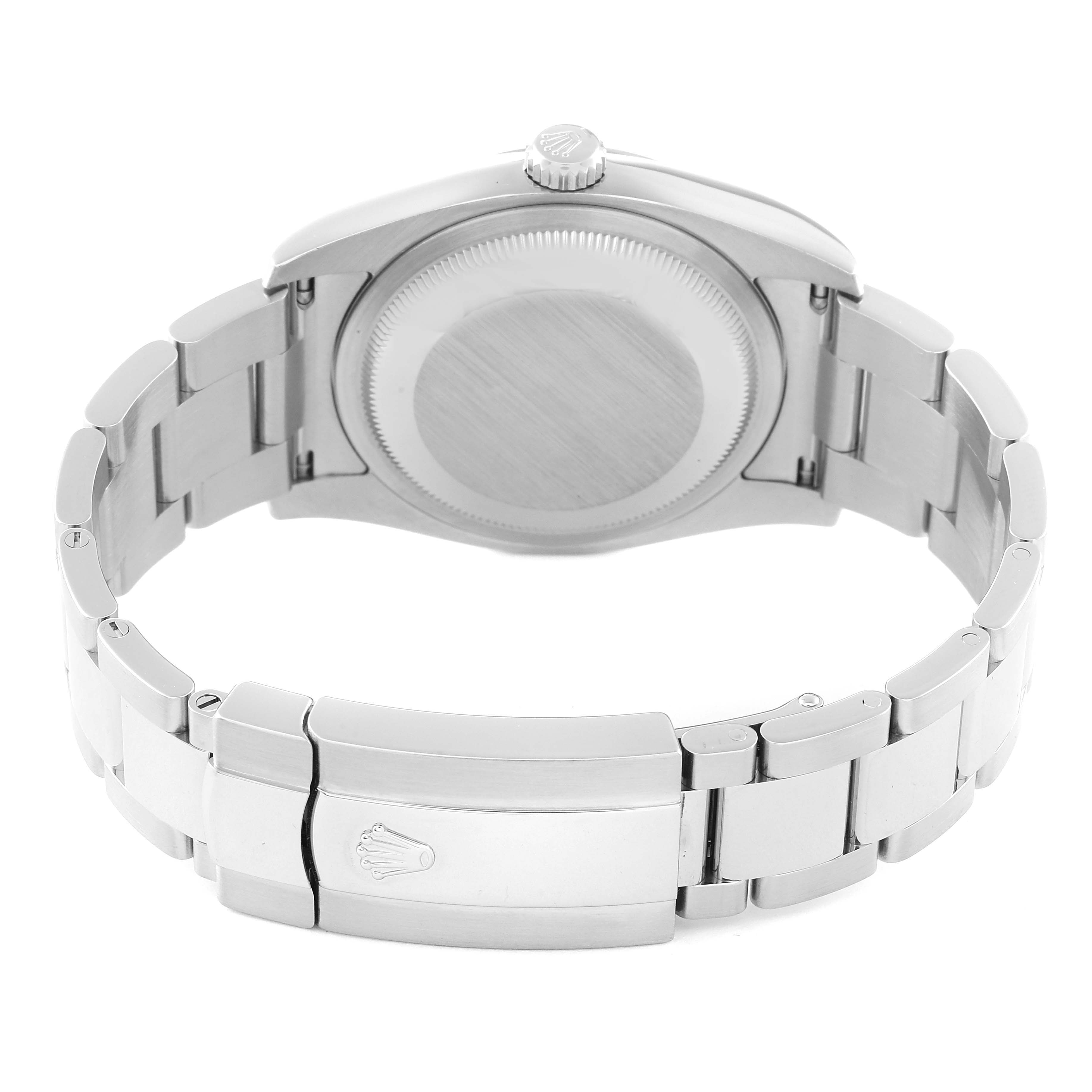 This image shows the stainless steel bracelet and case back of a Rolex Datejust 116234 Men's Stainless Steel Black Dial 116234 Men's Stainless Steel Black Dial watch from a rear angle.