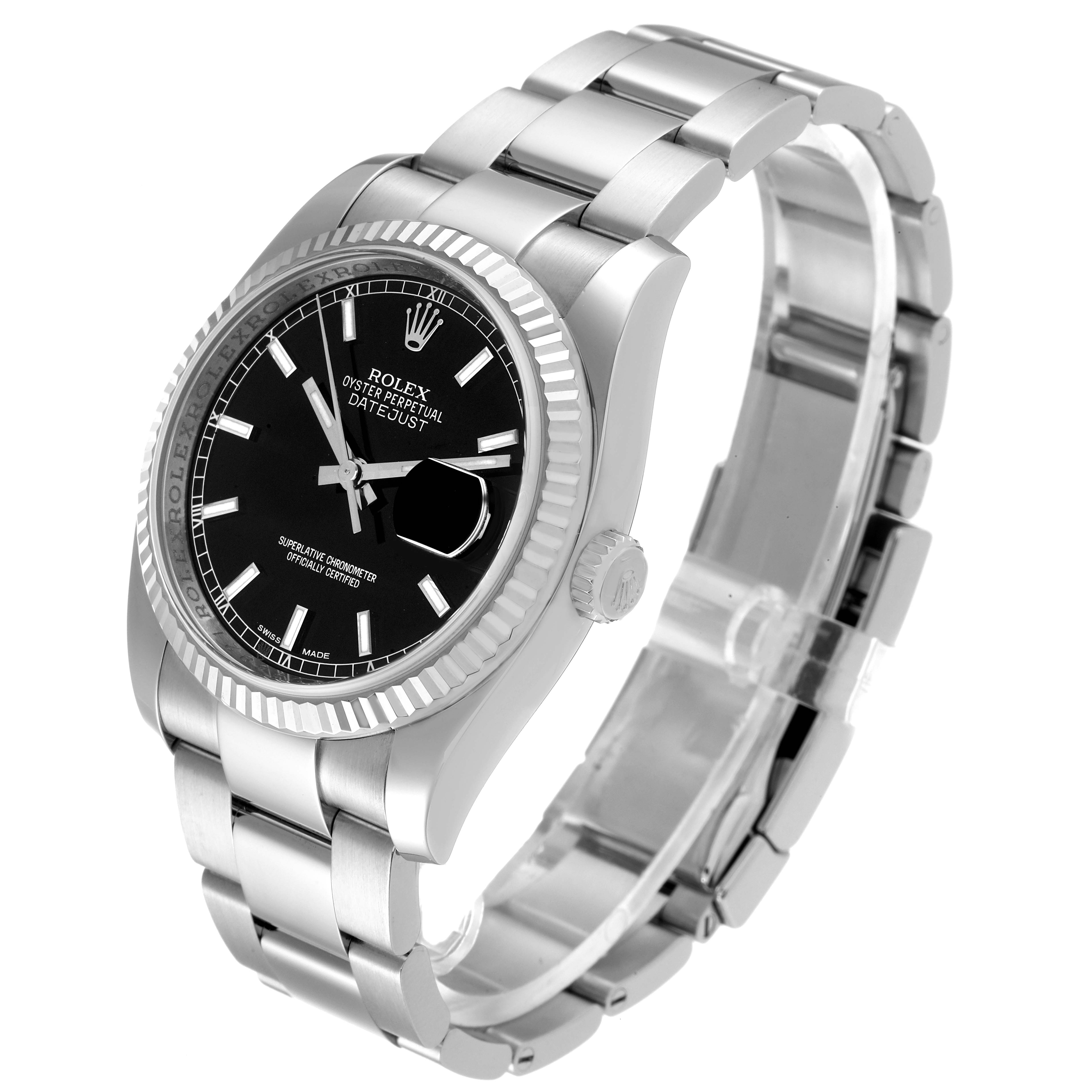 The image shows a Rolex Datejust 116234 Men's Stainless Steel Black Dial 116234 Men's Stainless Steel Black Dial watch at a three-quarter angle, highlighting the dial, bezel, case, and bracelet.