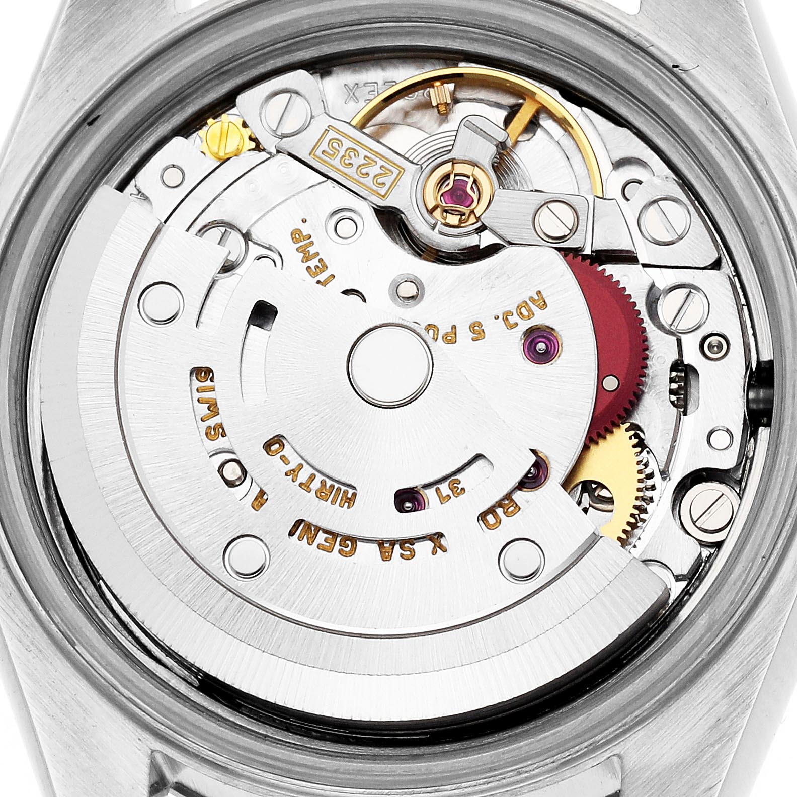The image shows the movement of a Rolex Datejust 79174 Women
s Stainless Steel Mother of Pearl Dial 79174 Women
s Stainless Steel Mother of Pearl Dial watch, highlighting the intricate mechanical components from a top-down view.