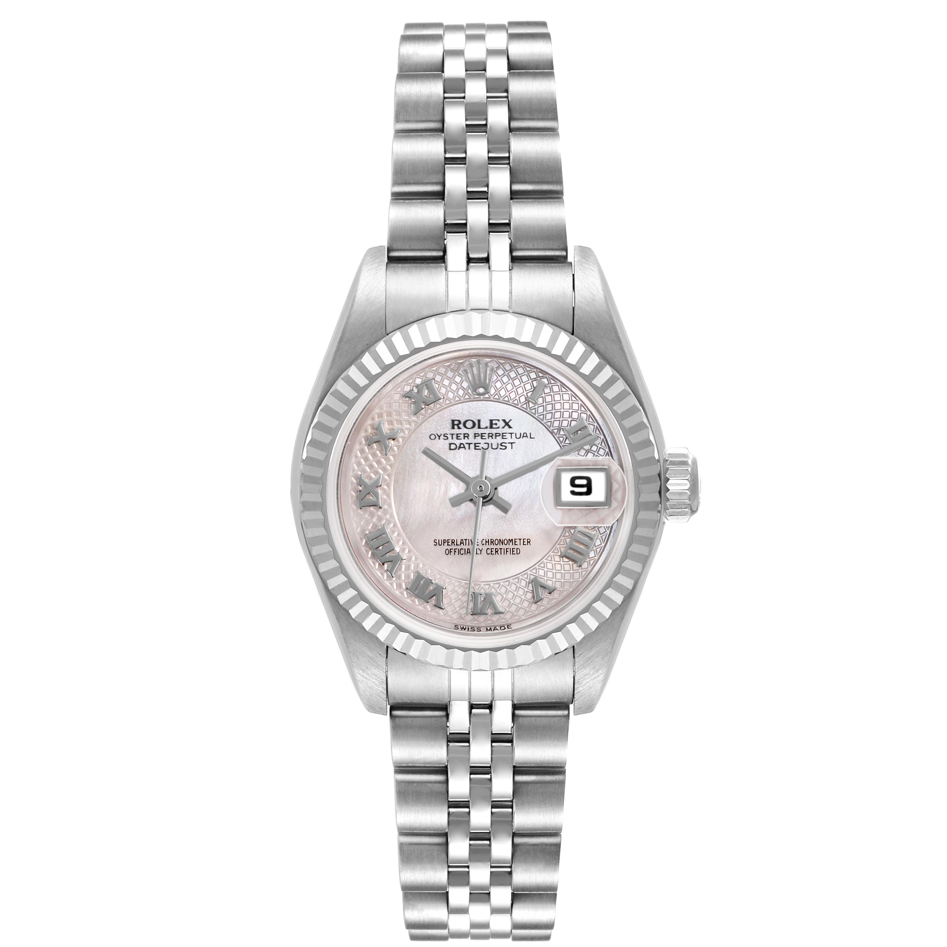The Rolex Datejust 79174 Women
s Stainless Steel Mother of Pearl Dial 79174 Women
s Stainless Steel Mother of Pearl Dial watch is shown from the front, displaying the dial, bezel, bracelet, and crown.