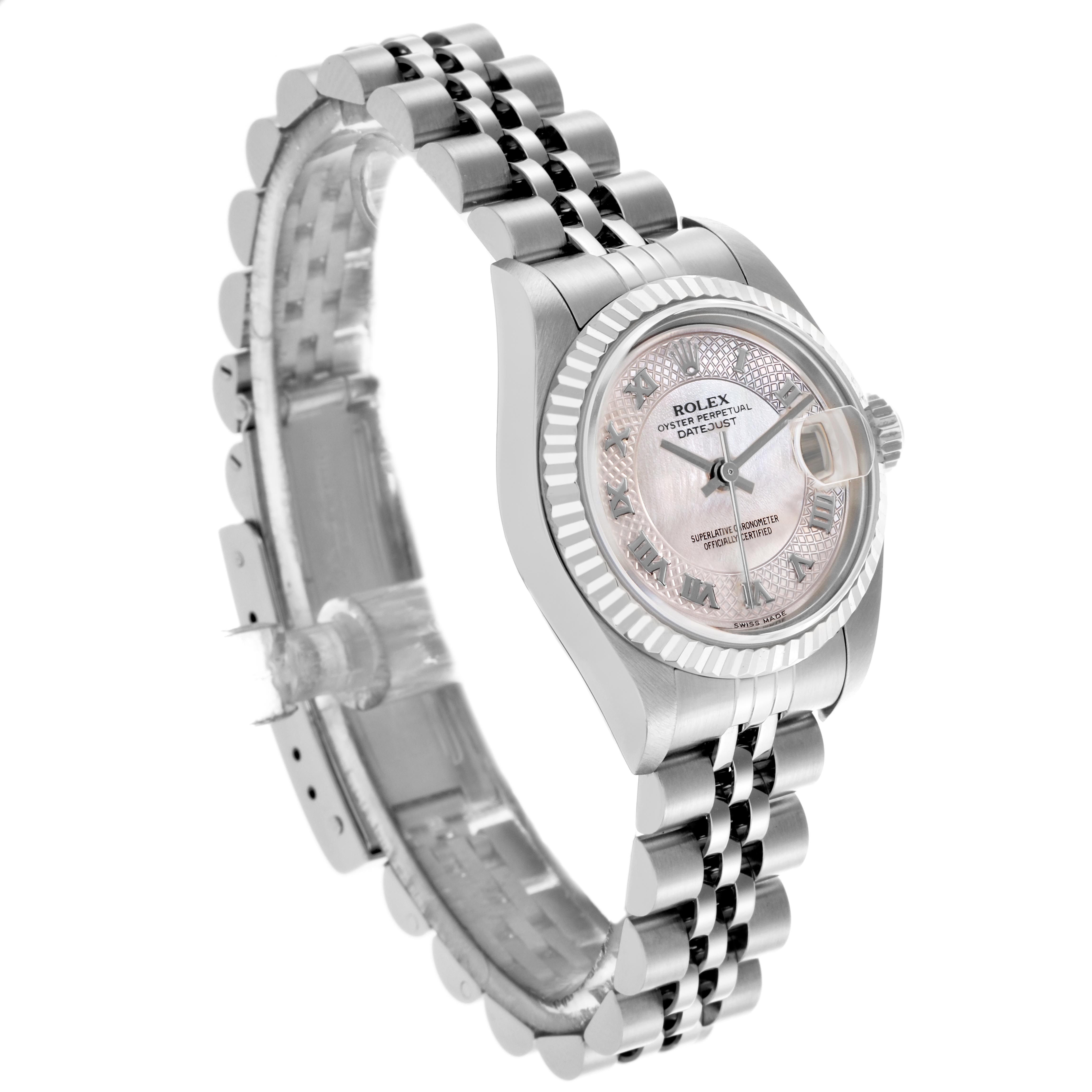 The Rolex Datejust 79174 Women
s Stainless Steel Mother of Pearl Dial 79174 Women
s Stainless Steel Mother of Pearl Dial watch is shown at an oblique angle, highlighting its case, dial, bezel, and bracelet.