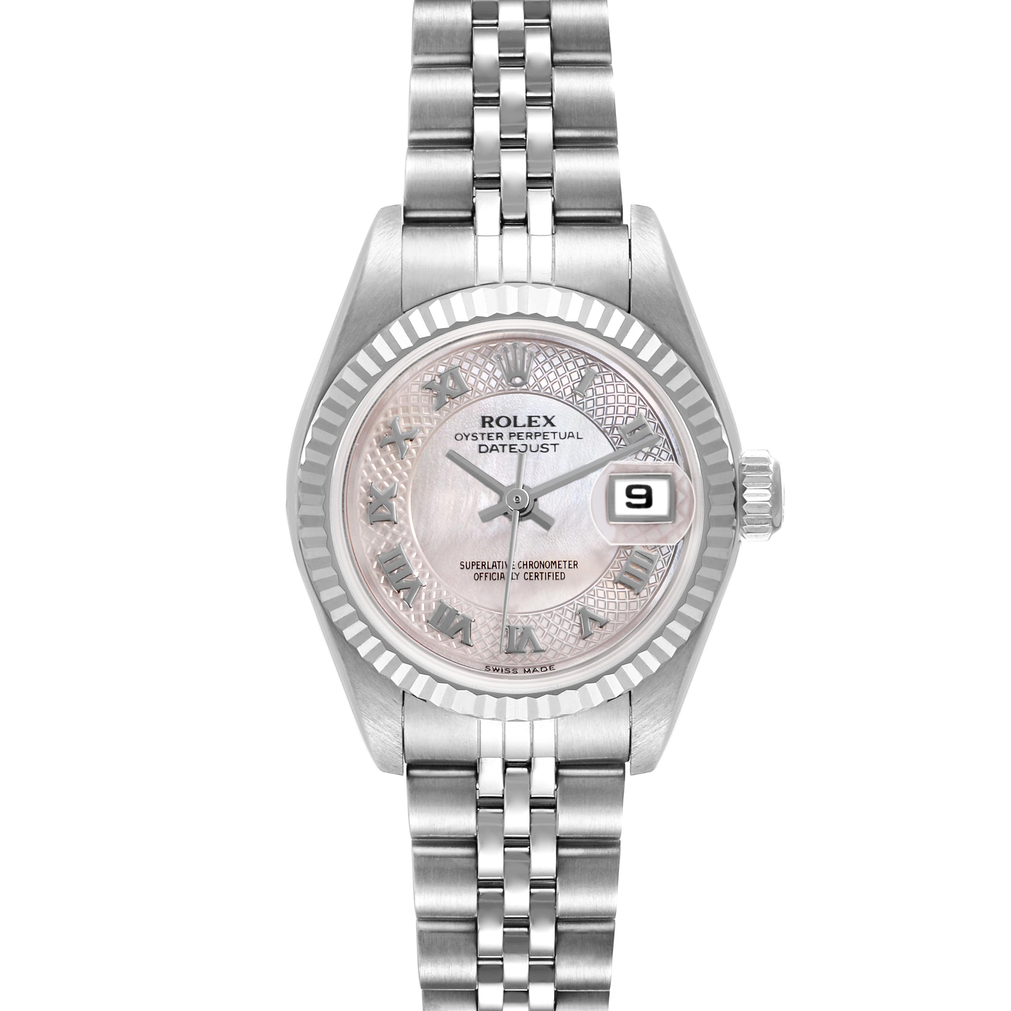 The Rolex Datejust 79174 Women
s Stainless Steel Mother of Pearl Dial 79174 Women
s Stainless Steel Mother of Pearl Dial watch is shown from a front angle, highlighting the dial, bezel, and bracelet.