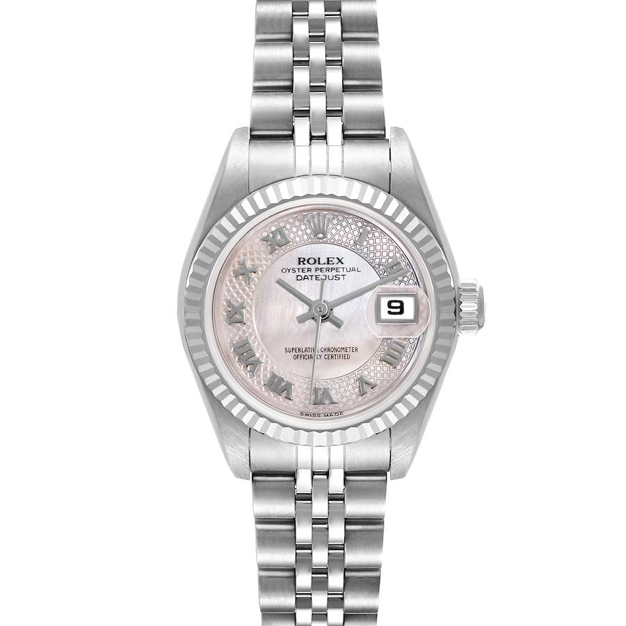 The Rolex Datejust watch is shown from a front angle, highlighting the dial, bezel, and bracelet.