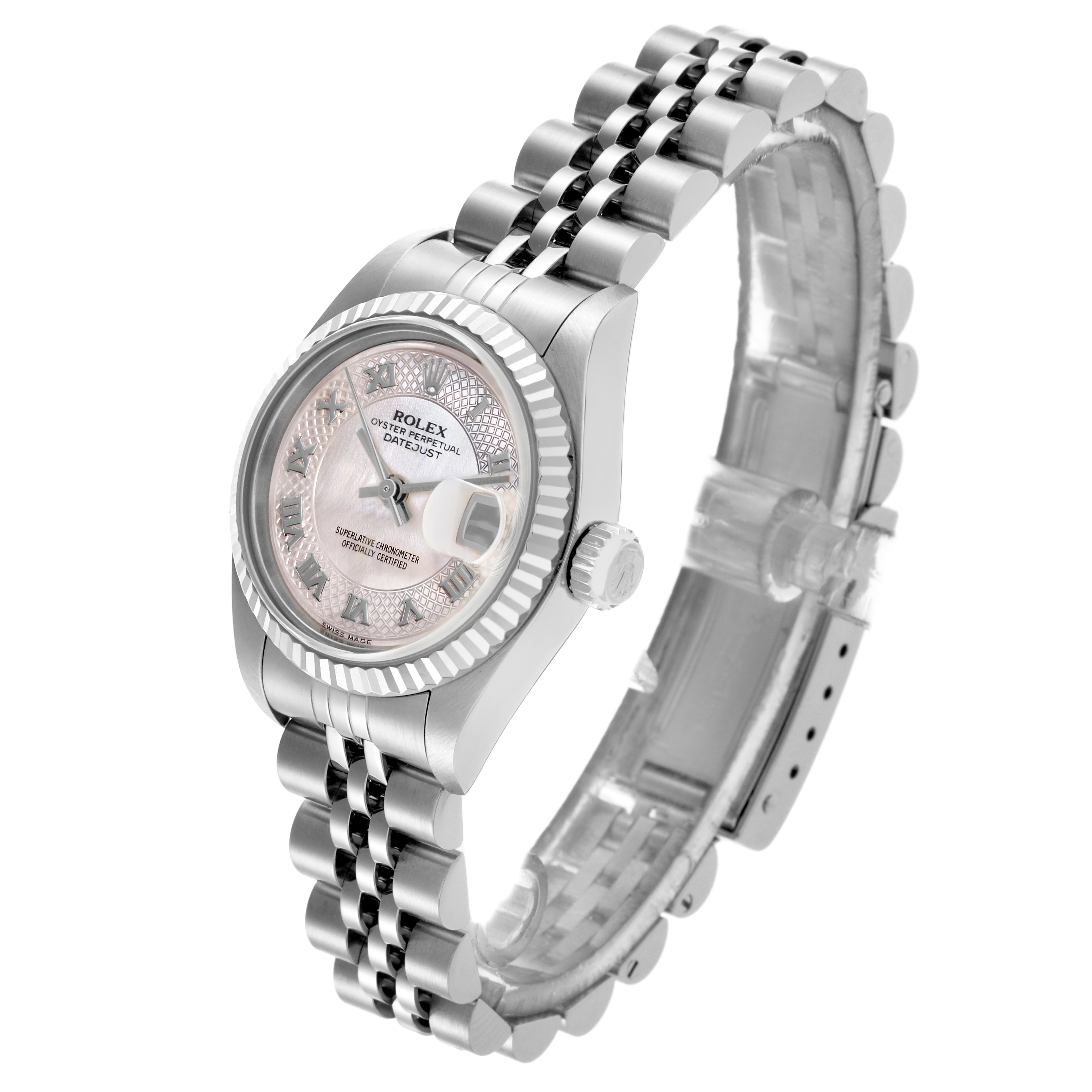 The Rolex Datejust 79174 Women
s Stainless Steel Mother of Pearl Dial 79174 Women
s Stainless Steel Mother of Pearl Dial watch is shown at a three-quarter angle, highlighting the dial, bezel, and bracelet.