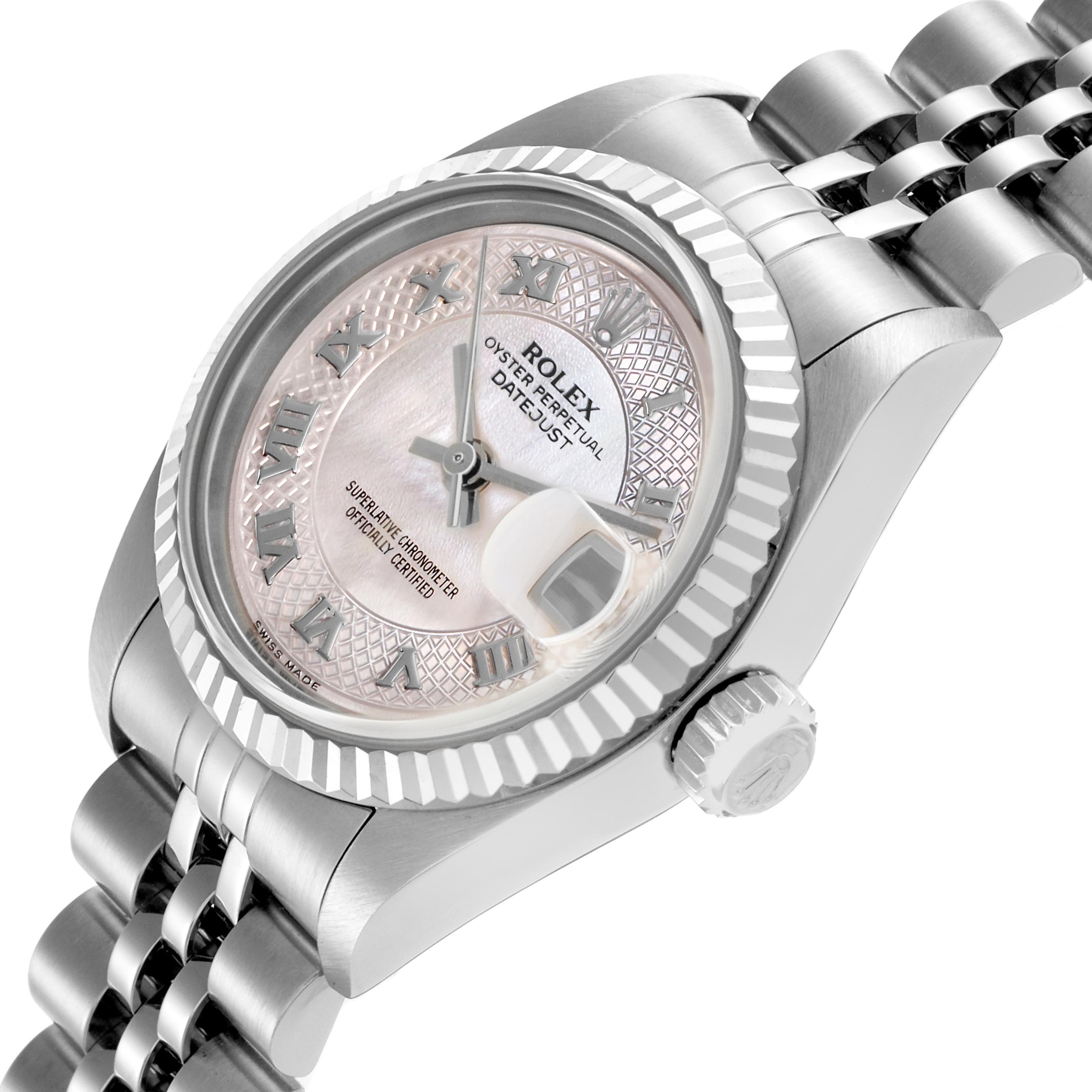The Rolex Datejust 79174 Women
s Stainless Steel Mother of Pearl Dial 79174 Women
s Stainless Steel Mother of Pearl Dial watch is shown at an angled view, highlighting the dial, bezel, crown, and part of the bracelet.