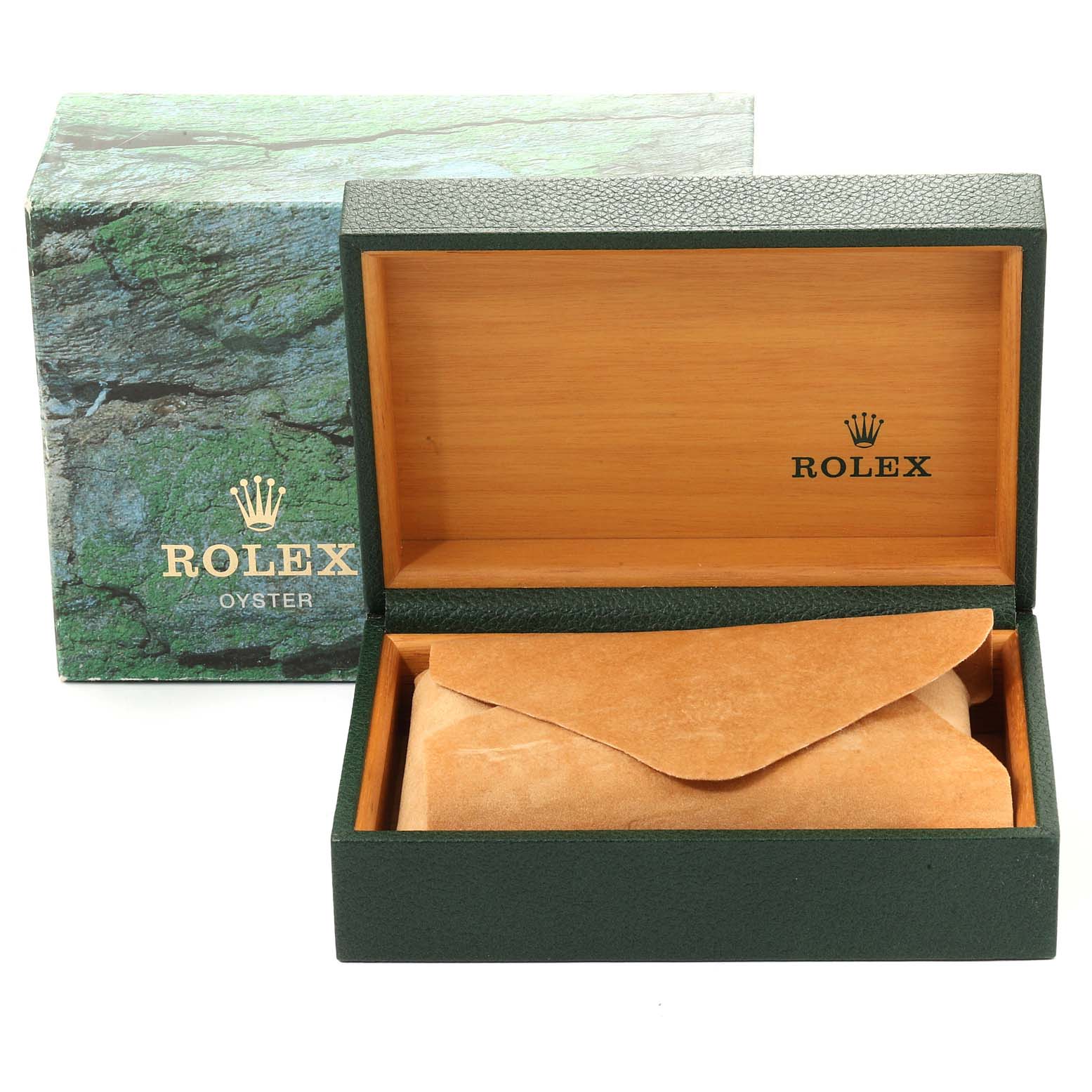This image shows an open Rolex watch box with a cushion inside, for the Datejust model, taken from a front angle.