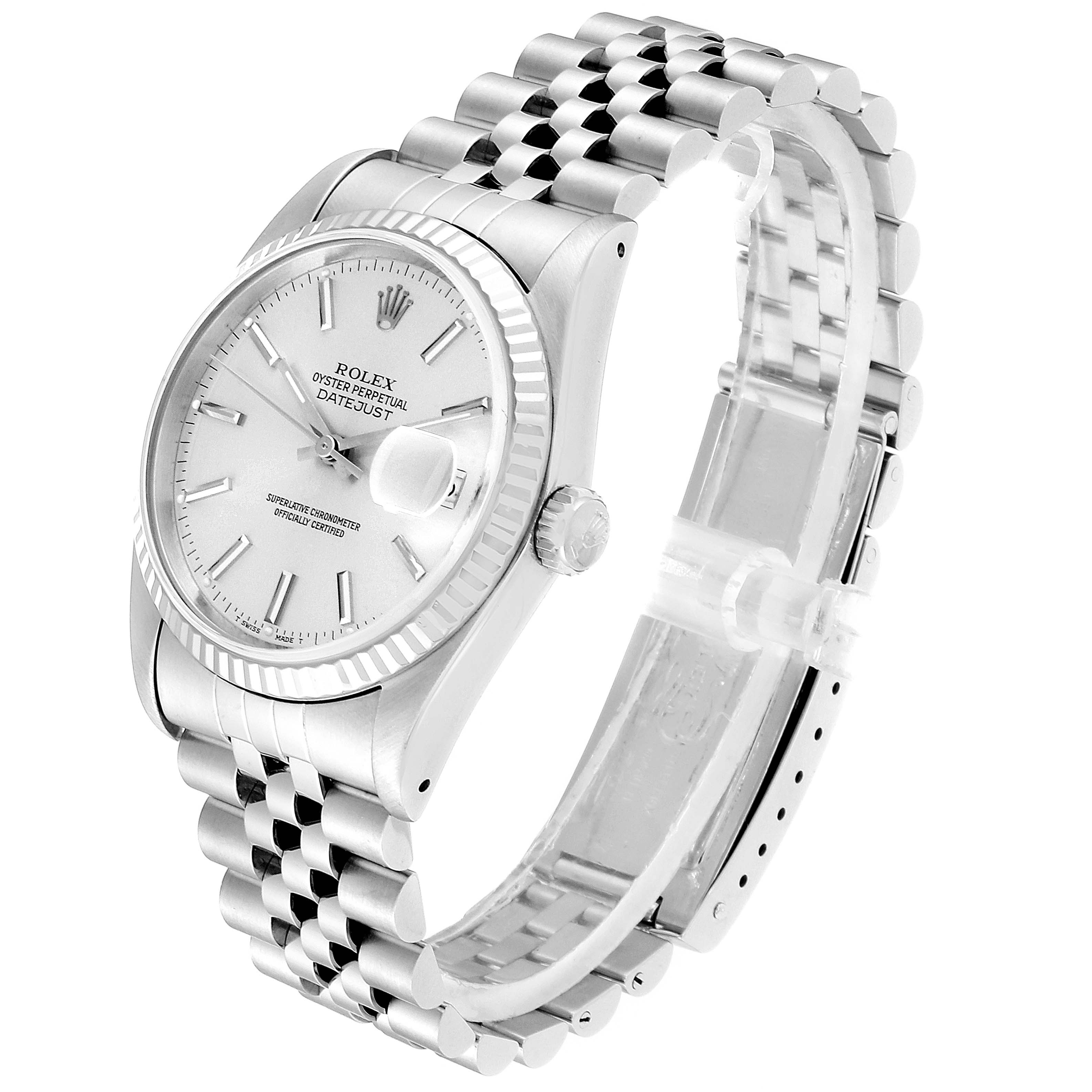 This image shows a Rolex Datejust 16234 Men's Stainless Steel Silver Dial 16234 Men's Stainless Steel Silver Dial watch angled from the front-left, displaying the face, crown, and bracelet.