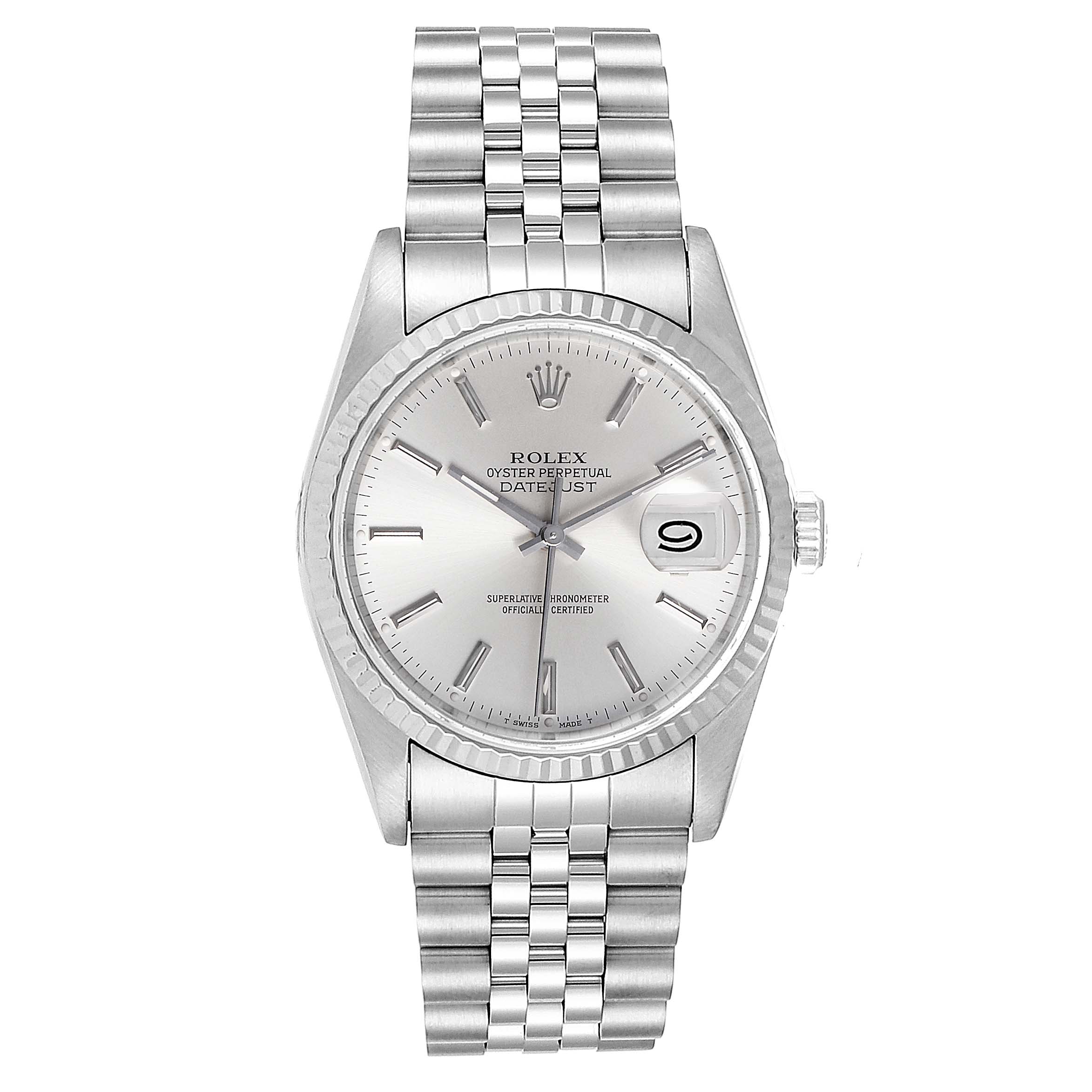 This Rolex Datejust 16234 Men's Stainless Steel Silver Dial 16234 Men's Stainless Steel Silver Dial model is shown from a front angle, displaying the face, bezel, and bracelet.