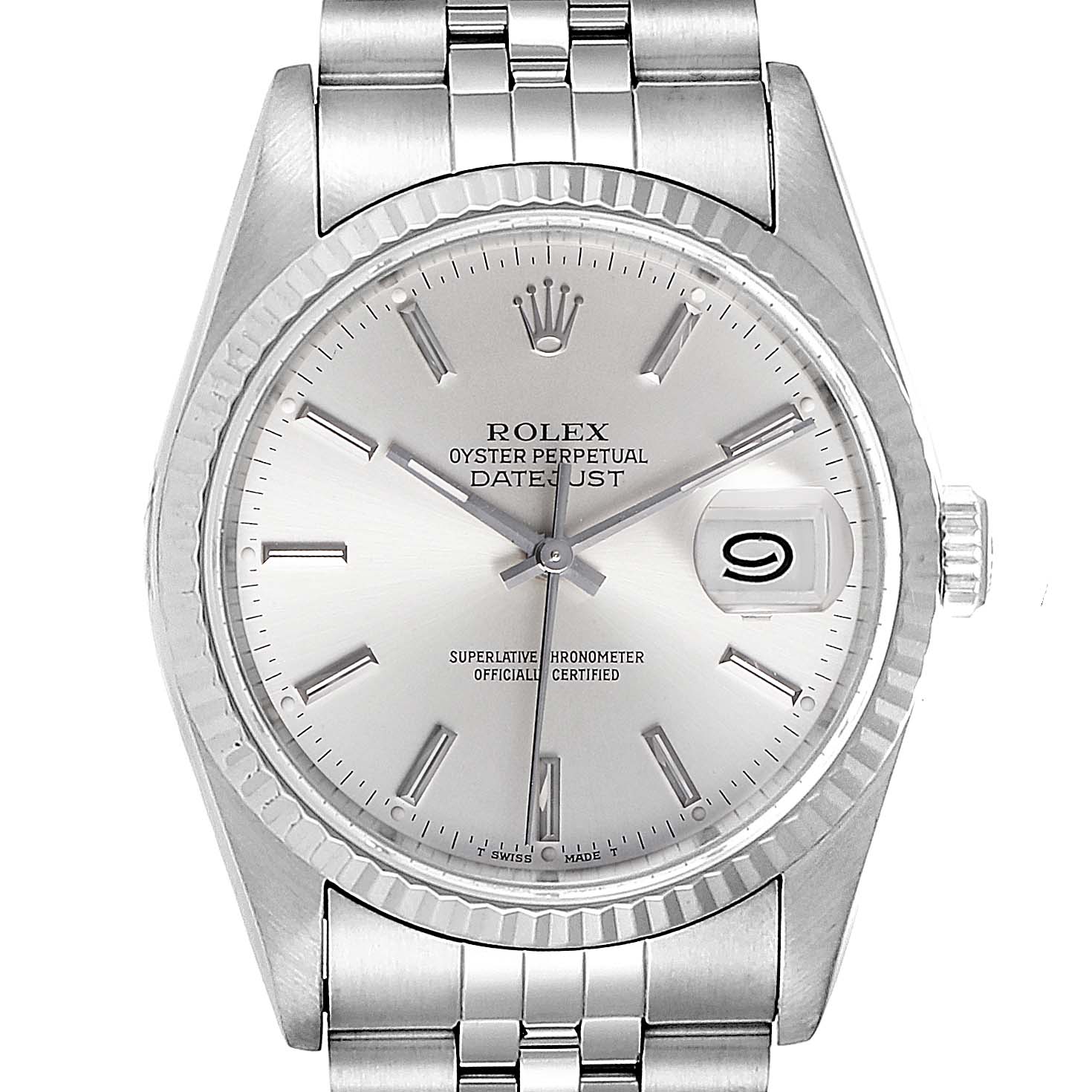 This image shows a frontal view of the Rolex Datejust 16234 Men's Stainless Steel Silver Dial 16234 Men's Stainless Steel Silver Dial watch, detailing the dial, bezel, crown, and part of the bracelet.