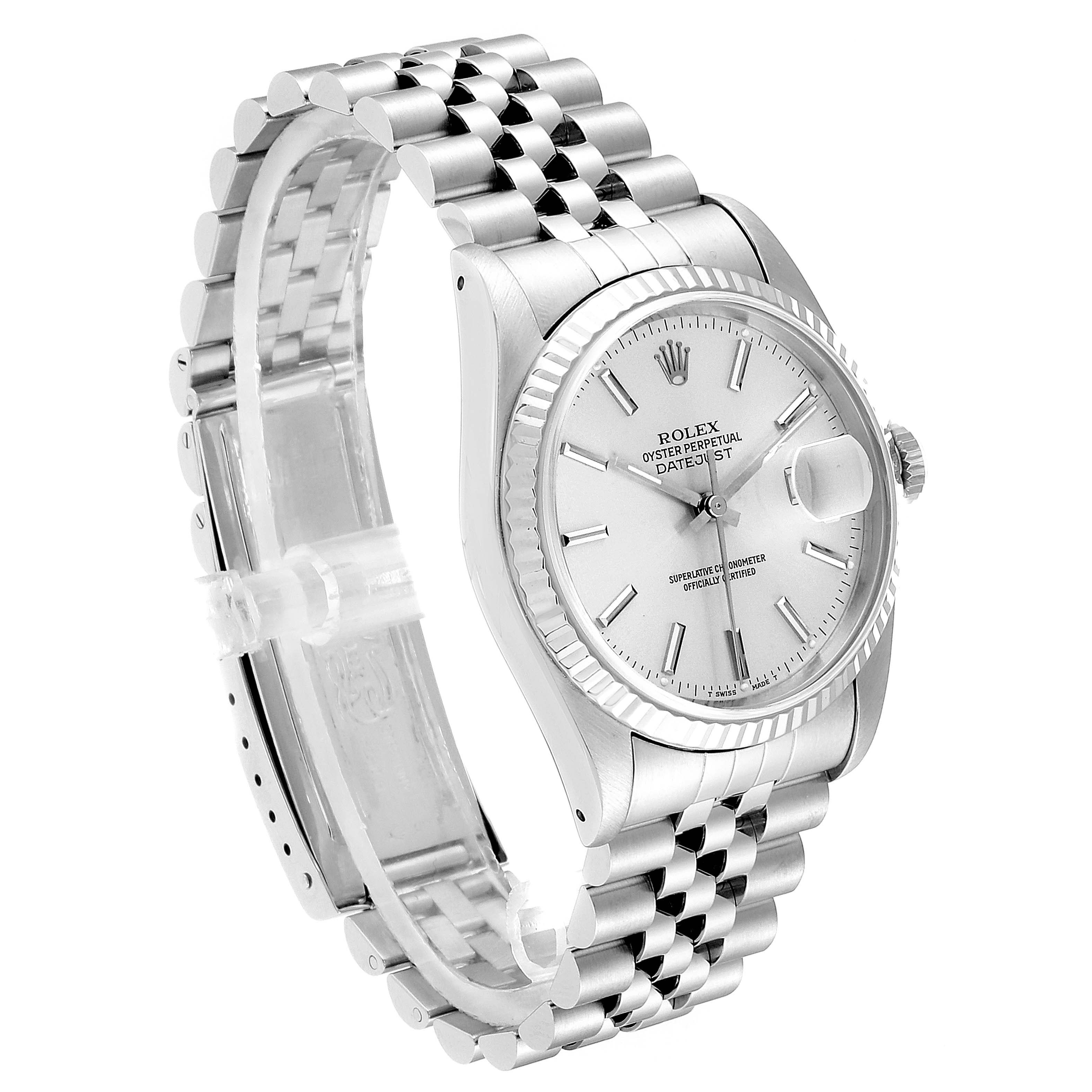 The Rolex Datejust 16234 Men's Stainless Steel Silver Dial 16234 Men's Stainless Steel Silver Dial watch is shown at a three-quarter angle, displaying its dial, fluted bezel, crown, and Jubilee bracelet.
