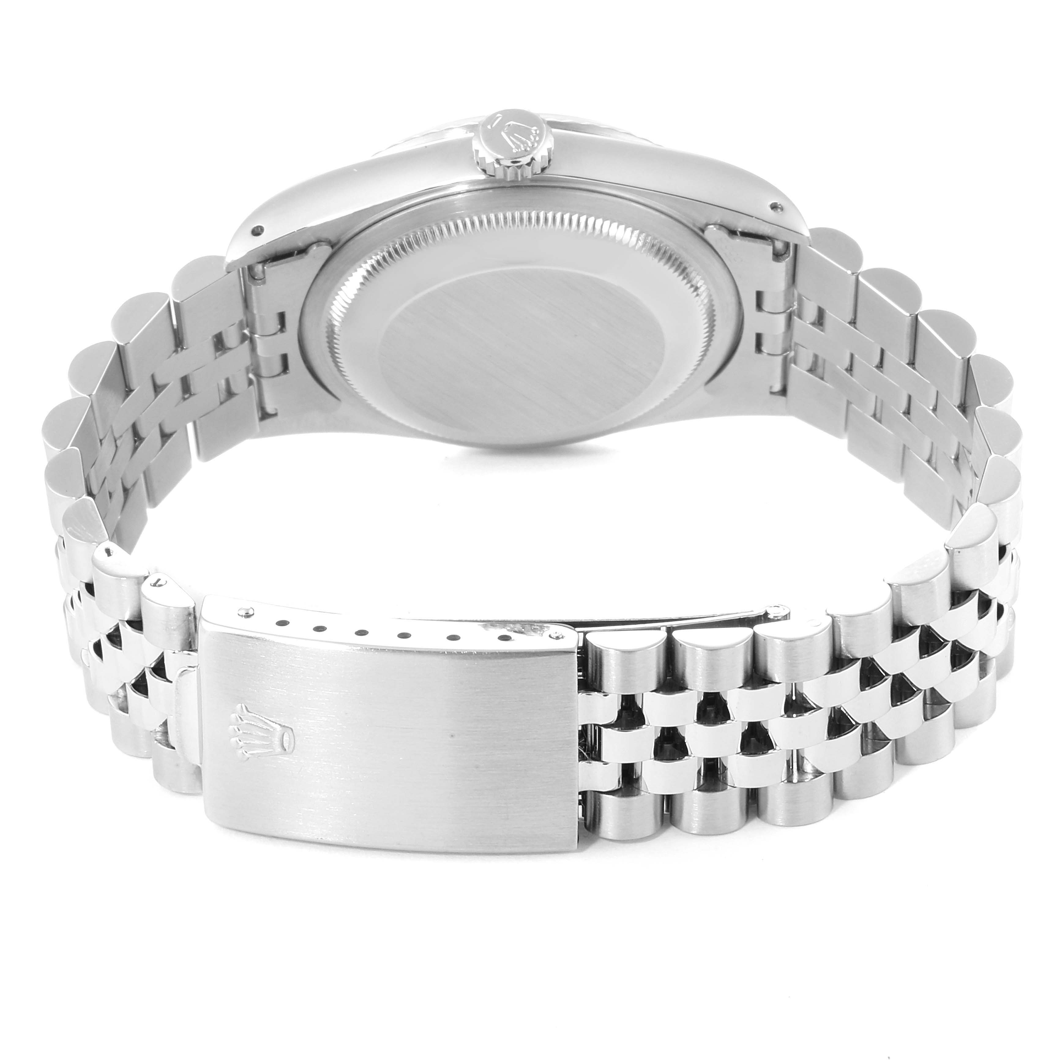 The image shows the back and side view of a Rolex Datejust 16234 Men's Stainless Steel Silver Dial 16234 Men's Stainless Steel Silver Dial watch, highlighting its stainless steel bracelet and clasp.