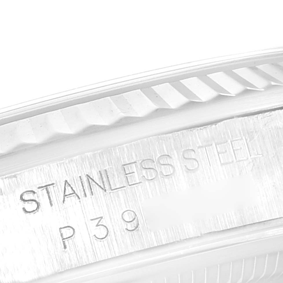 This close-up image of a Rolex Datejust 16234 Men's Stainless Steel Mother of Pearl Dial 16234 Men's Stainless Steel Mother of Pearl Dial watch shows the stainless steel detail and model engraving on the case.