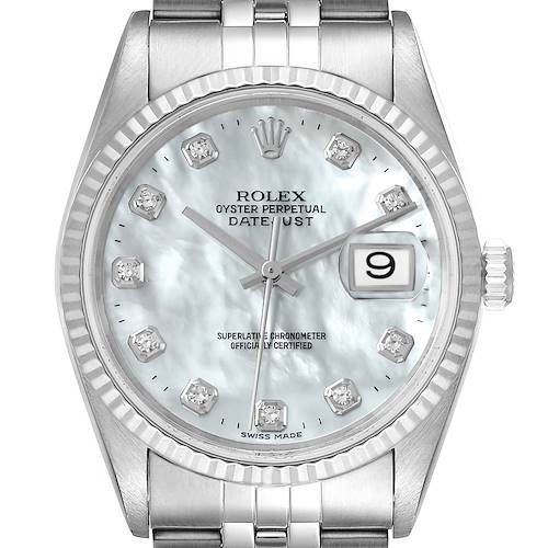 Photo of Rolex Datejust Steel White Gold MOP Diamond Mens Watch 16234 Box Papers
