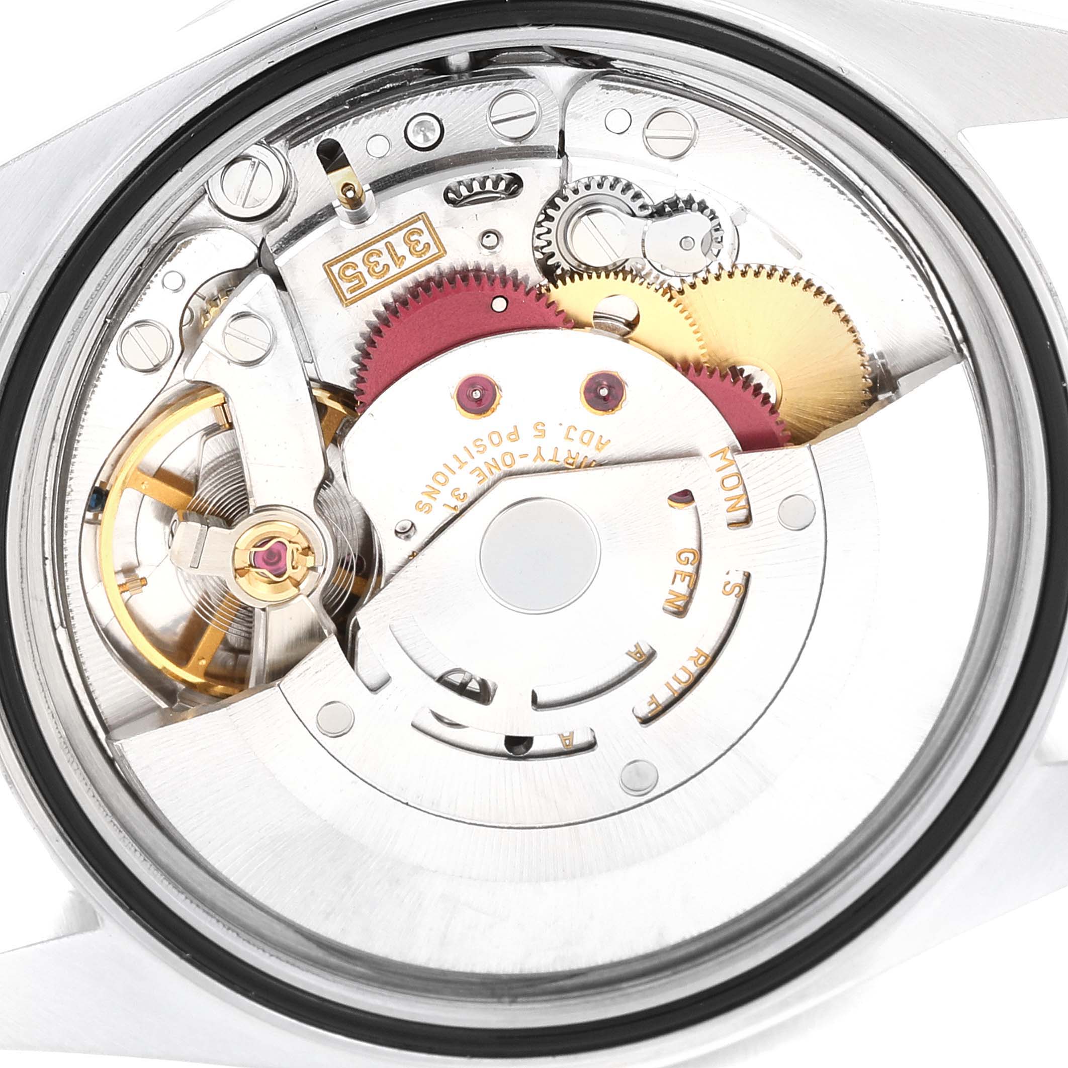 The image shows the internal mechanical movement of a Rolex Datejust 16234 Men's Stainless Steel Mother of Pearl Dial 16234 Men's Stainless Steel Mother of Pearl Dial watch, viewed from the back.