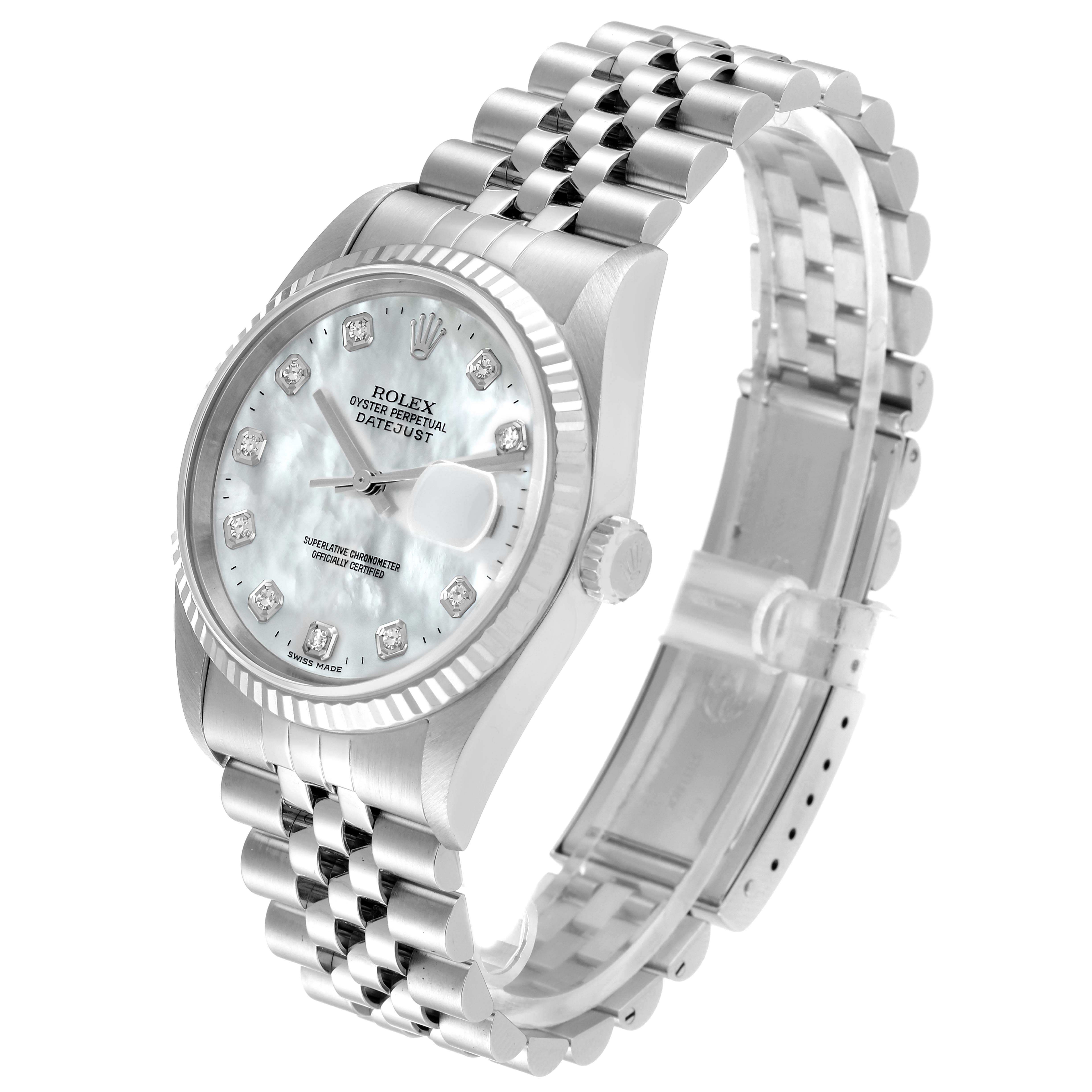 The image shows the front and side angle of a Rolex Datejust 16234 Men's Stainless Steel Mother of Pearl Dial 16234 Men's Stainless Steel Mother of Pearl Dial watch, highlighting the face, bezel, crown, and bracelet.