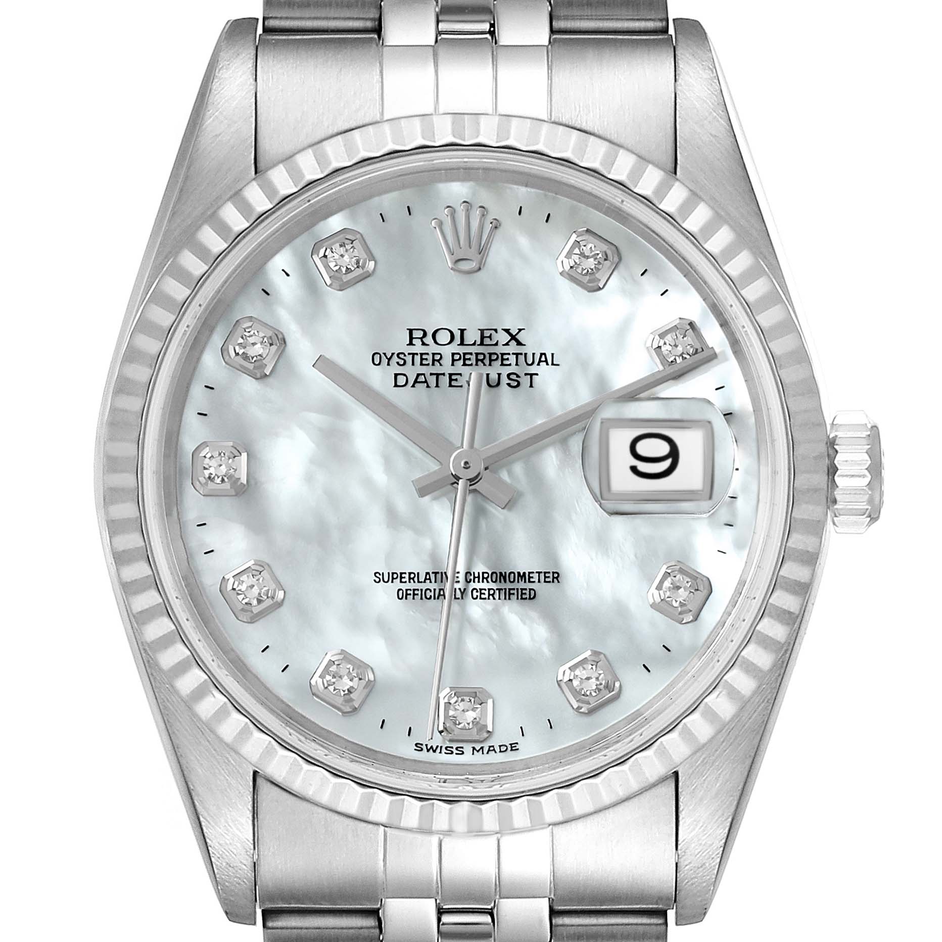 This image shows a front view of a Rolex Datejust 16234 Men's Stainless Steel Mother of Pearl Dial 16234 Men's Stainless Steel Mother of Pearl Dial watch, highlighting the mother-of-pearl dial, date window, and diamond hour markers.
