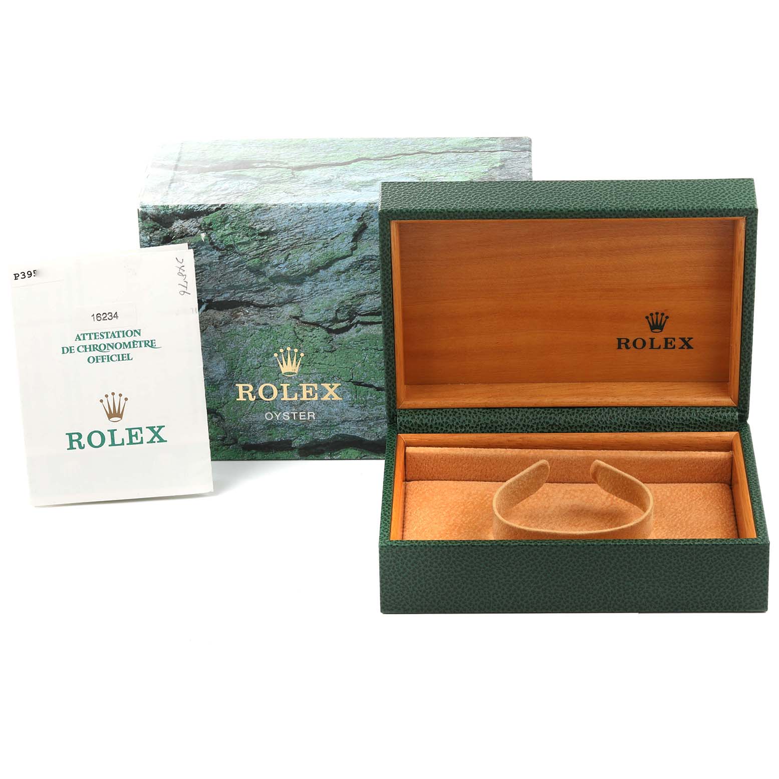 The image shows a Rolex Datejust 16234 Men's Stainless Steel Mother of Pearl Dial 16234 Men's Stainless Steel Mother of Pearl Dial box set with a green and wood interior, outer box, and official chronometer certification.