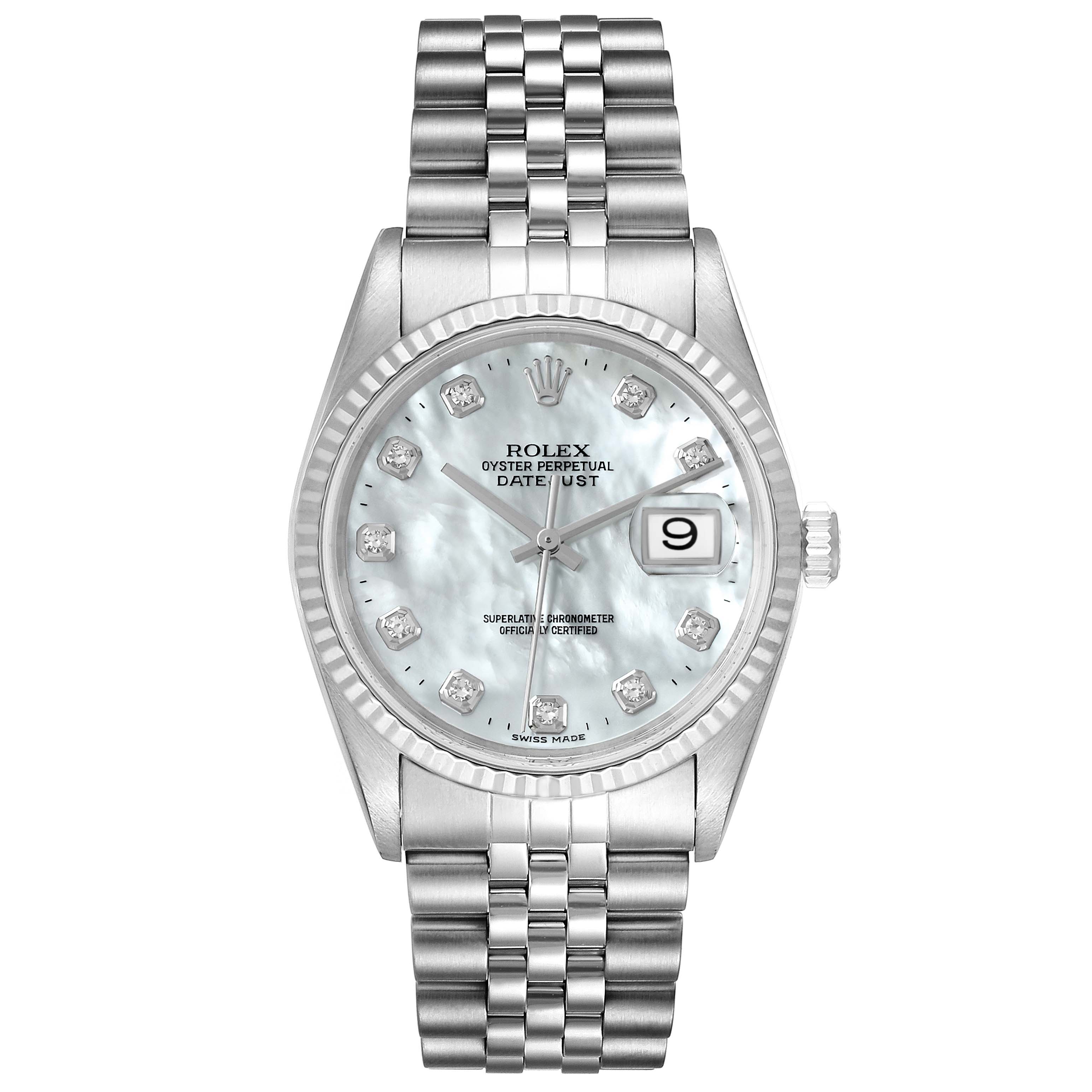 This image shows a front view of the Rolex Datejust 16234 Men's Stainless Steel Mother of Pearl Dial 16234 Men's Stainless Steel Mother of Pearl Dial watch, featuring its face, bezel, and bracelet.