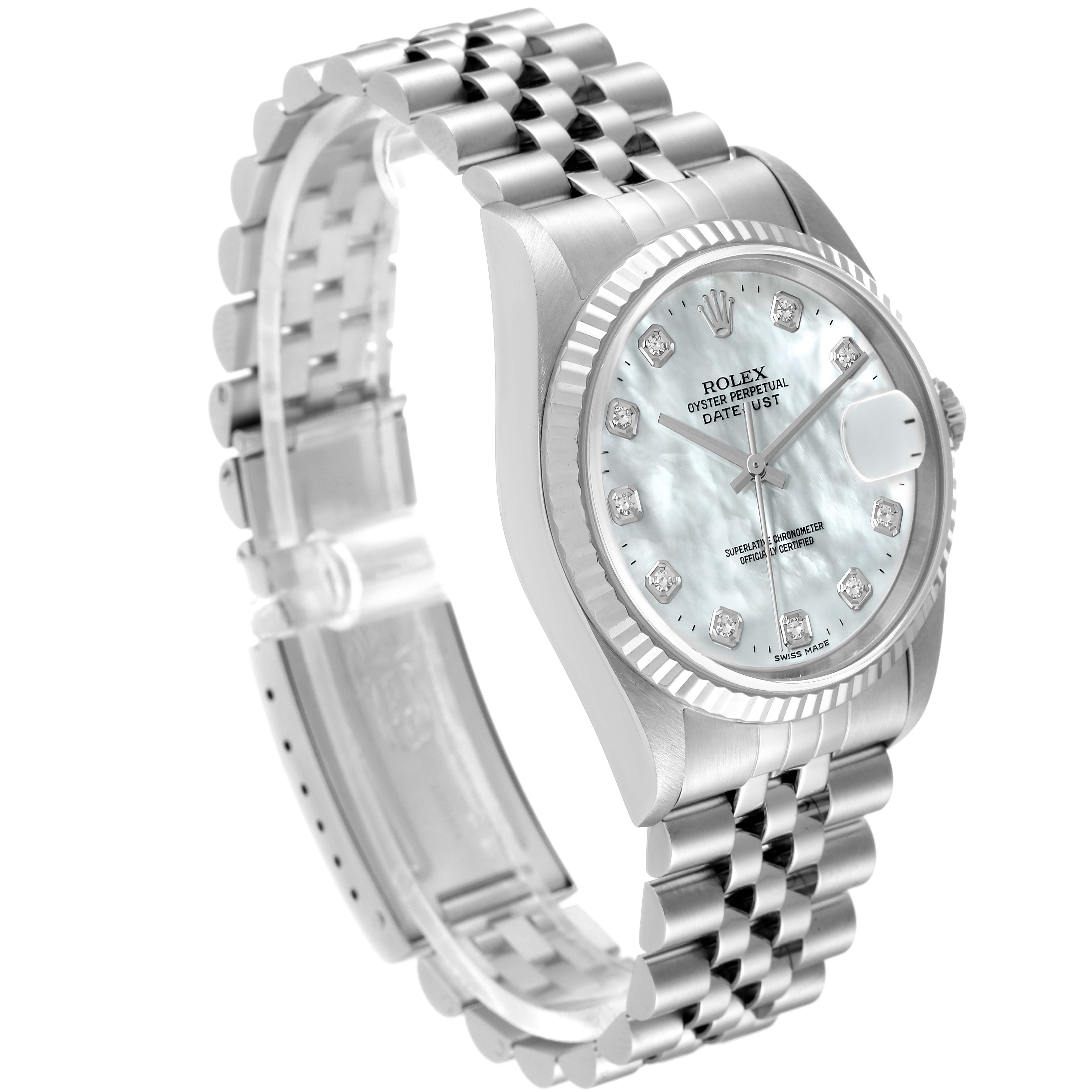 The image shows a Rolex Datejust 16234 Men's Stainless Steel Mother of Pearl Dial 16234 Men's Stainless Steel Mother of Pearl Dial watch angled to display the face, case, and part of the jubilee bracelet.