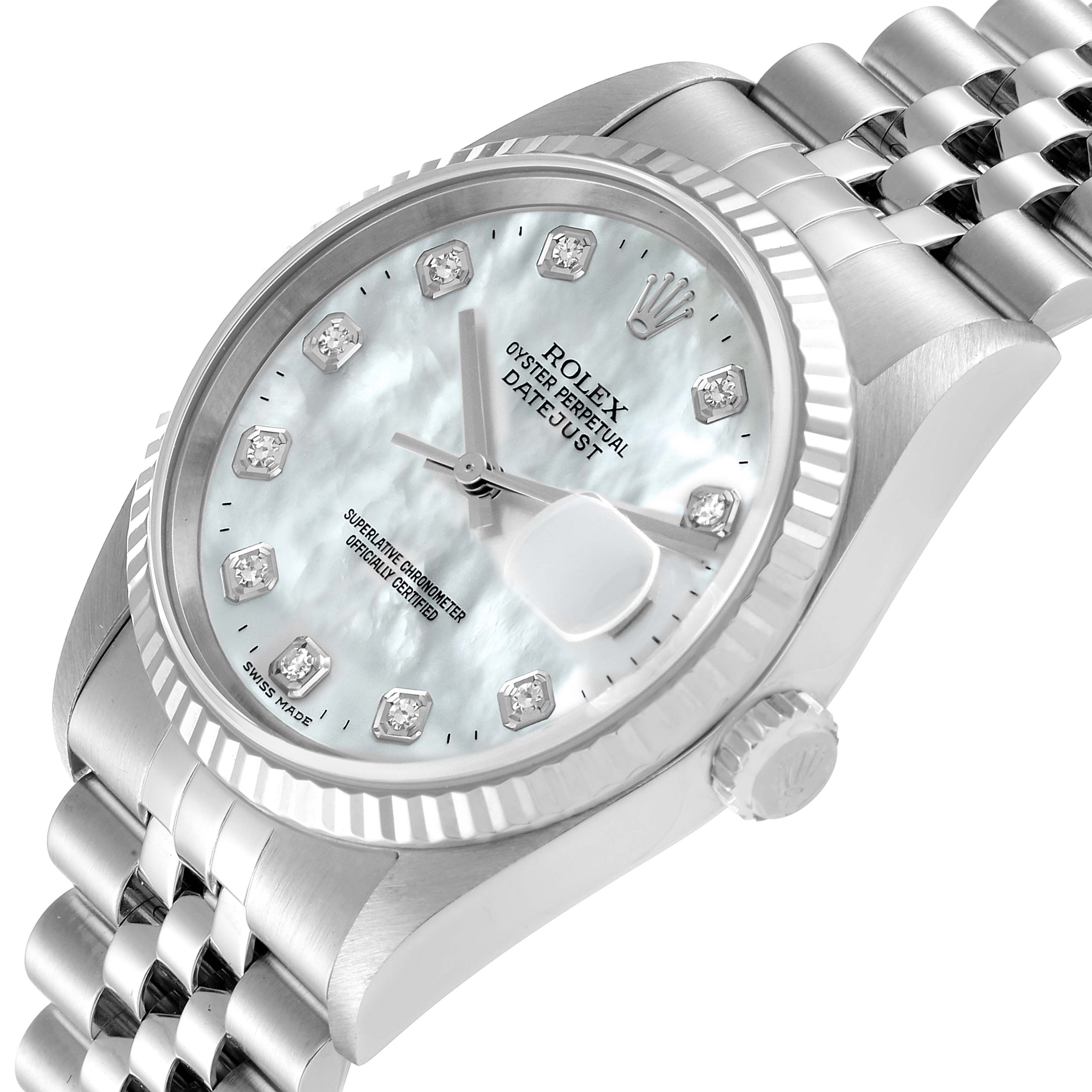 The image shows a Rolex Datejust 16234 Men's Stainless Steel Mother of Pearl Dial 16234 Men's Stainless Steel Mother of Pearl Dial watch angled to display the face, bezel, crown, and part of the bracelet.