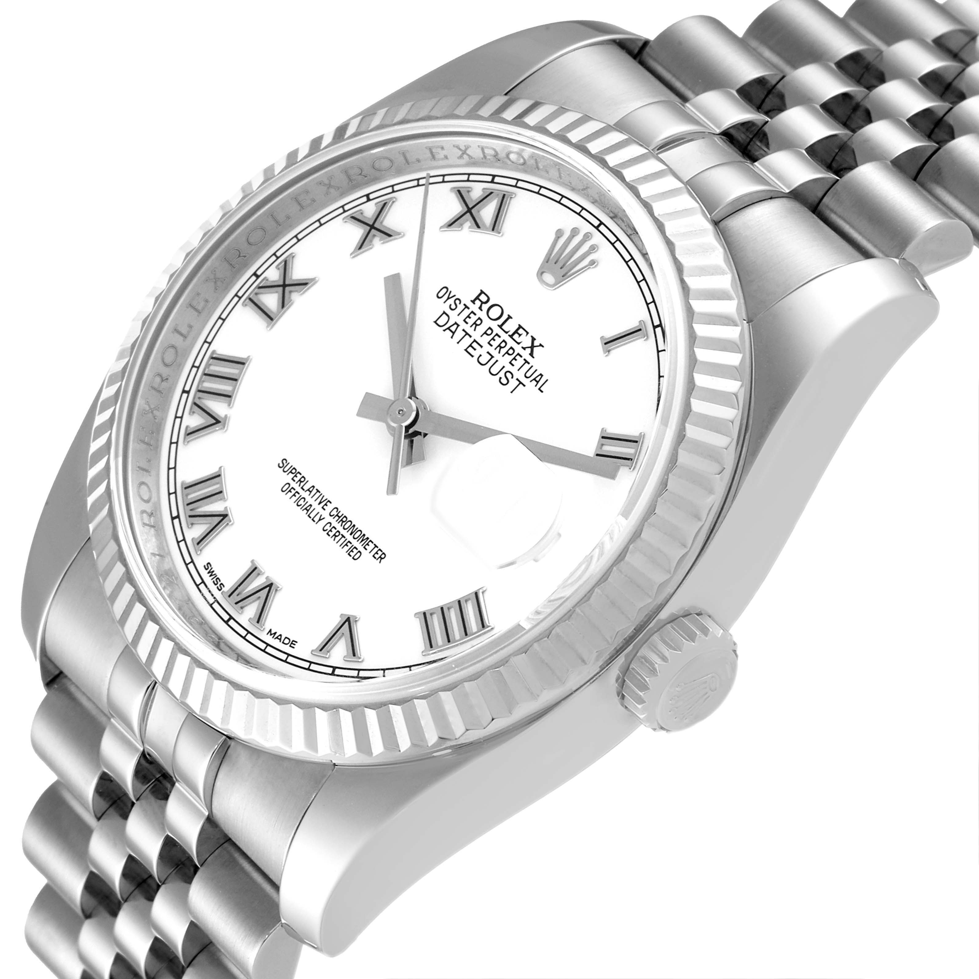 The image shows a close-up, angled view of the Rolex Datejust 116234 Men's Stainless Steel White Dial 116234 Men's Stainless Steel White Dial watch, displaying the face, bezel, crown, and part of the bracelet.