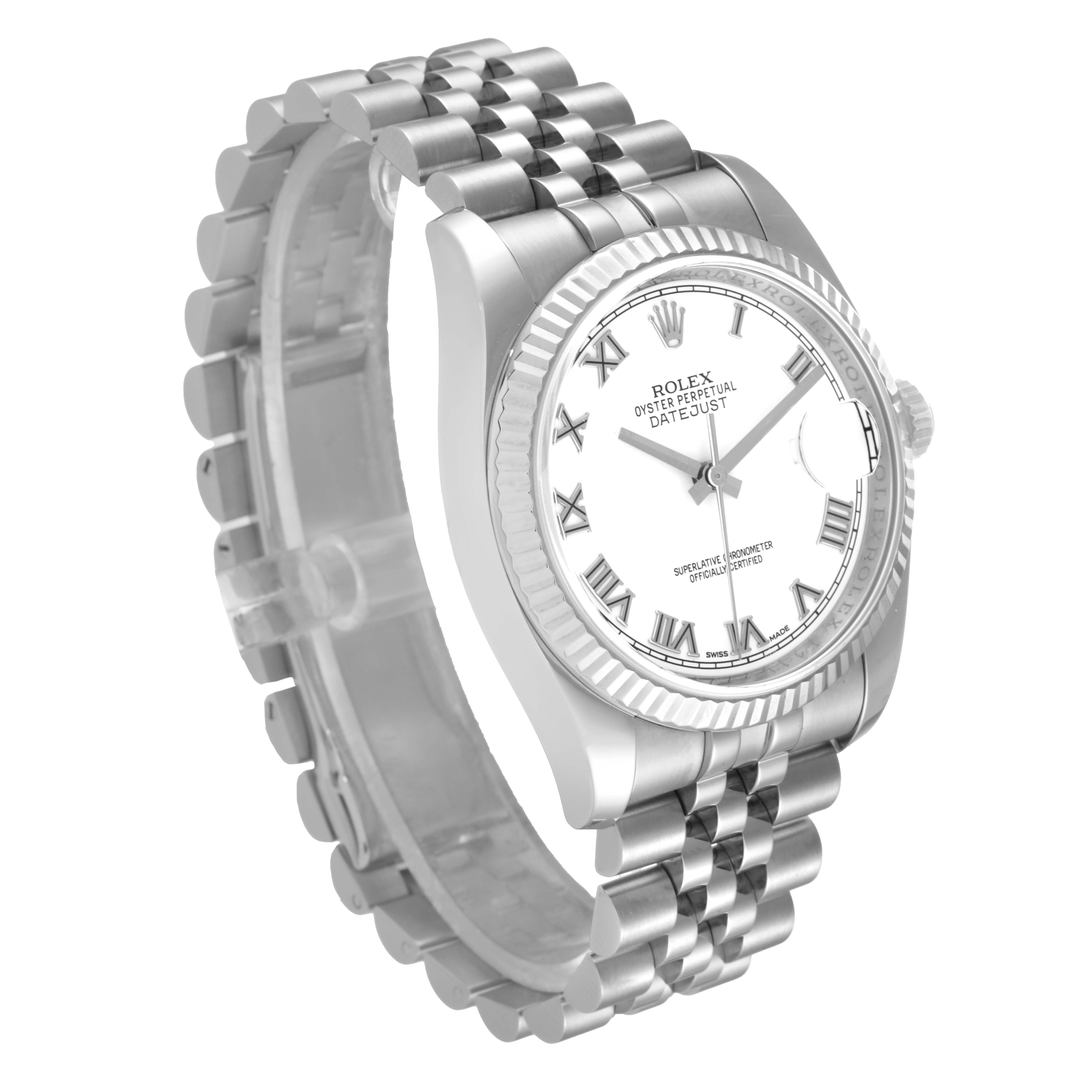 The Rolex Datejust 116234 Men's Stainless Steel White Dial 116234 Men's Stainless Steel White Dial watch is shown at an angled side view, displaying its face, bezel, and bracelet.