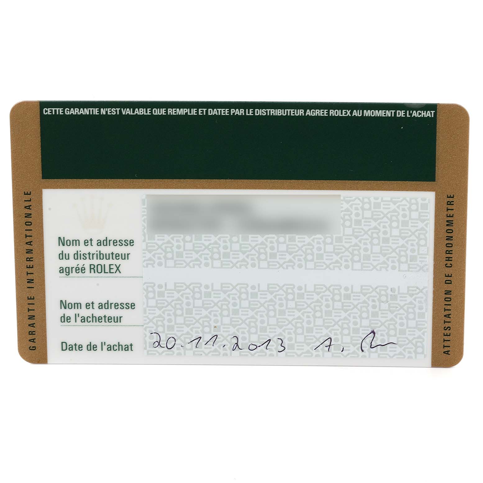 The image shows an international warranty card for a Rolex Datejust 116234 Men's Stainless Steel White Dial 116234 Men's Stainless Steel White Dial watch.