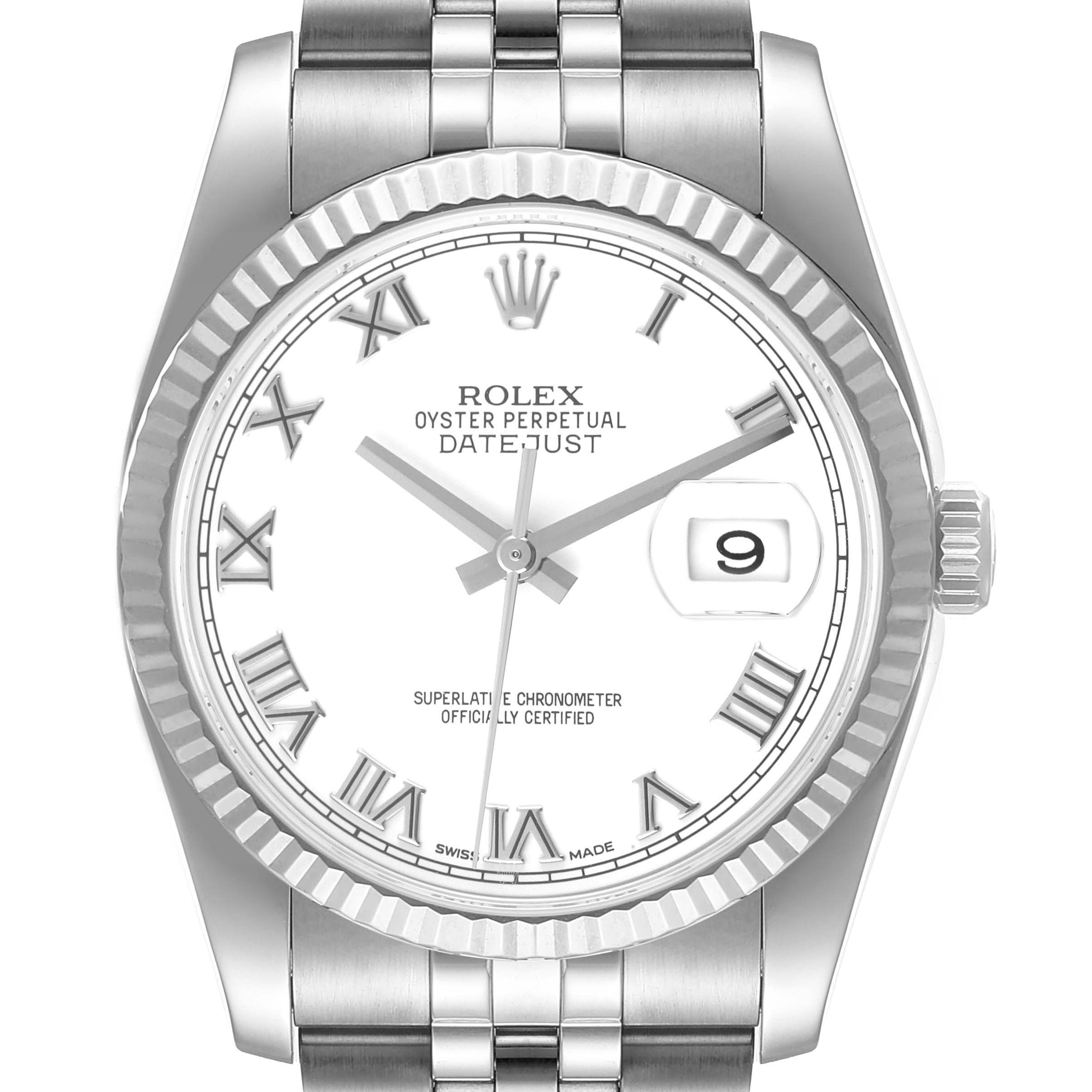 The image shows a front view of the Rolex Datejust 116234 Men's Stainless Steel White Dial 116234 Men's Stainless Steel White Dial watch with a white dial, Roman numerals, and a date display at 3 o'clock.