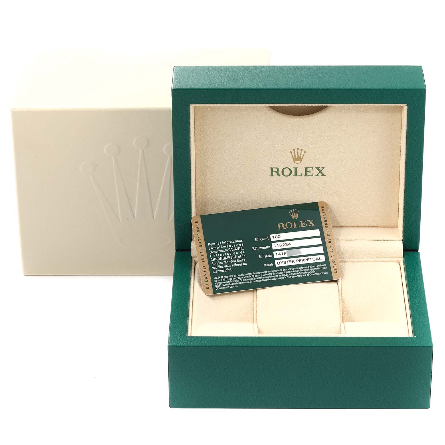 The image shows the packaging and certificate card for a Rolex Datejust 116234 Men's Stainless Steel White Dial 116234 Men's Stainless Steel White Dial watch.