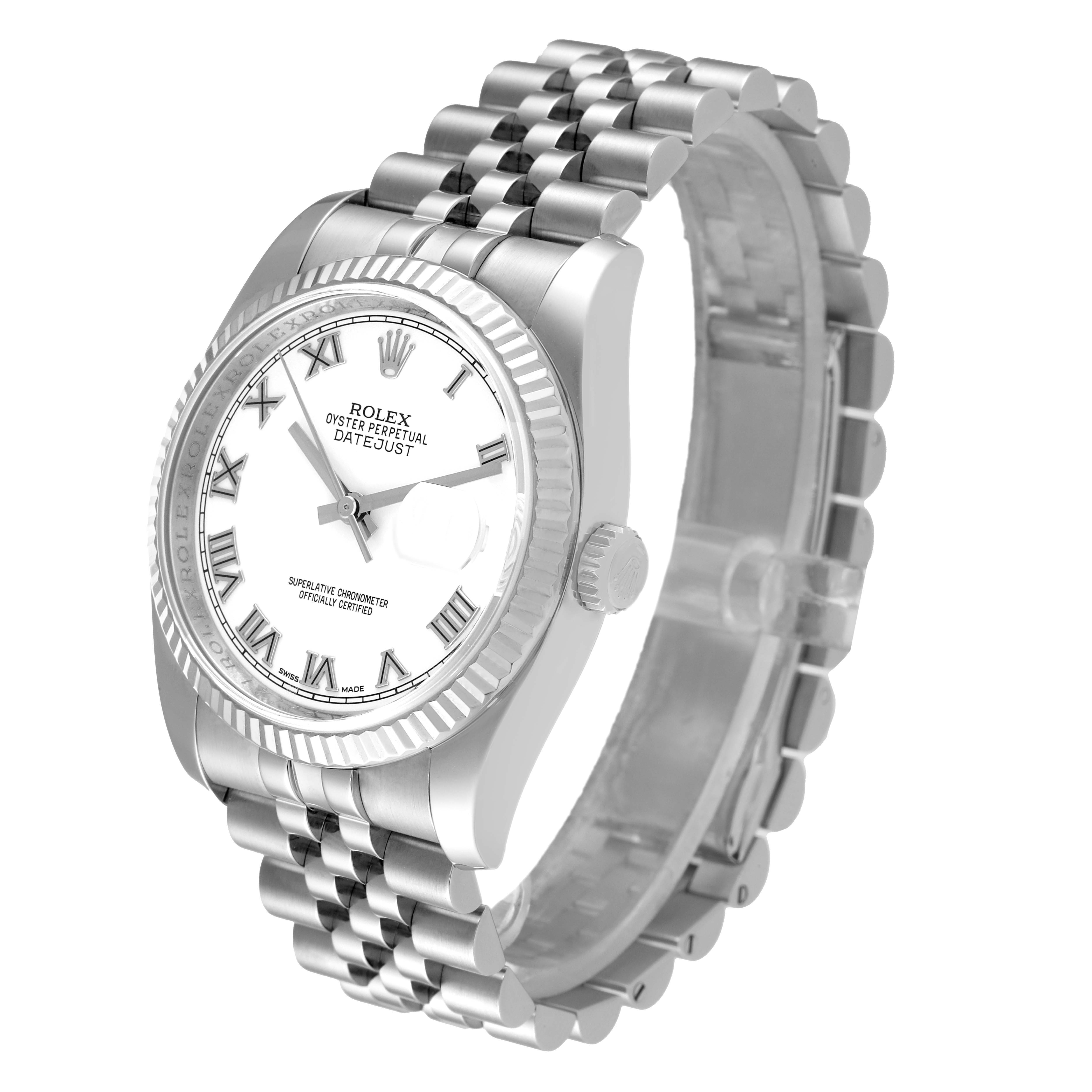 The Rolex Datejust 116234 Men's Stainless Steel White Dial 116234 Men's Stainless Steel White Dial watch is shown from a front angle, displaying its face, bezel, case, crown, and bracelet.