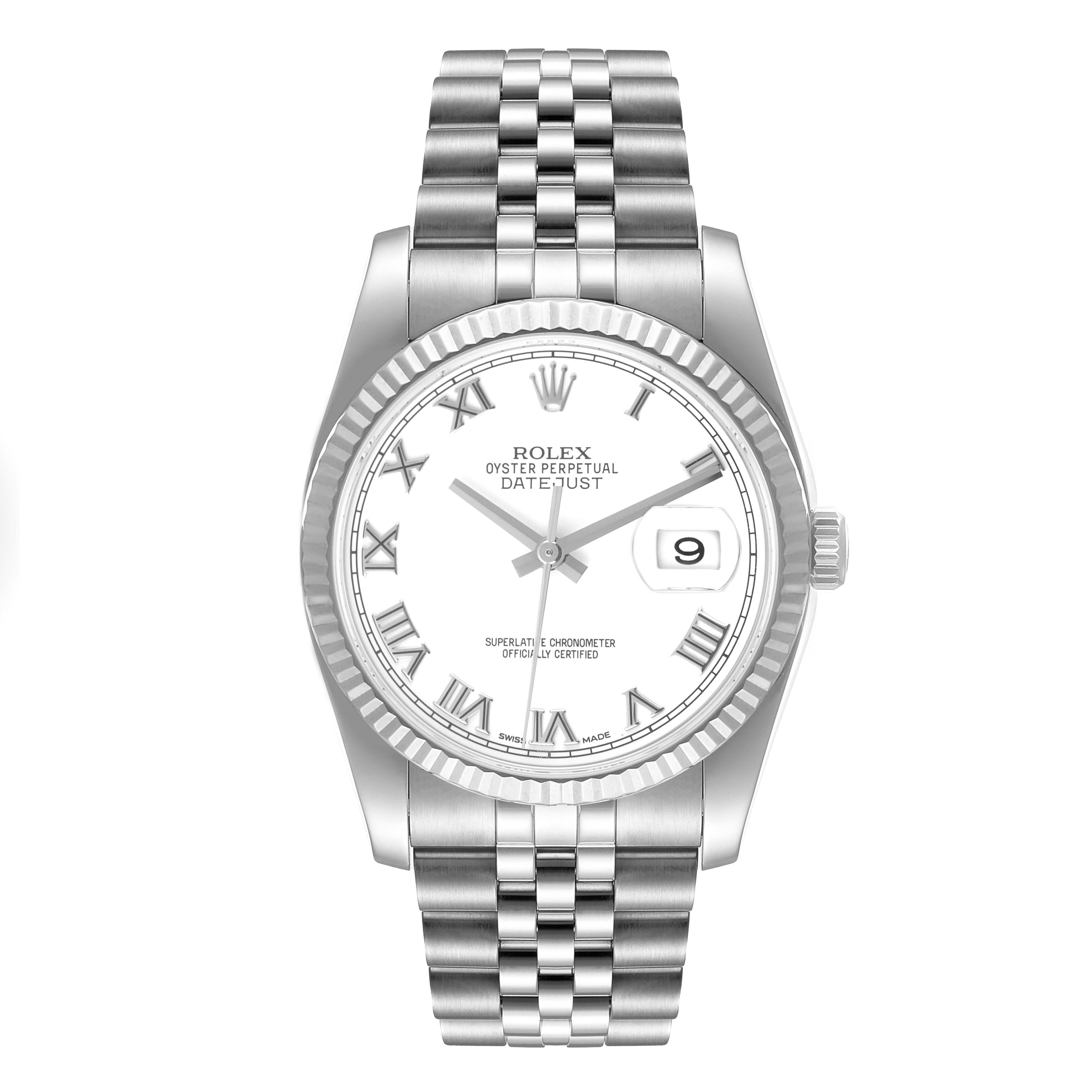 This image shows a front view of a Rolex Datejust 116234 Men's Stainless Steel White Dial 116234 Men's Stainless Steel White Dial watch featuring a silver Jubilee bracelet and fluted bezel.
