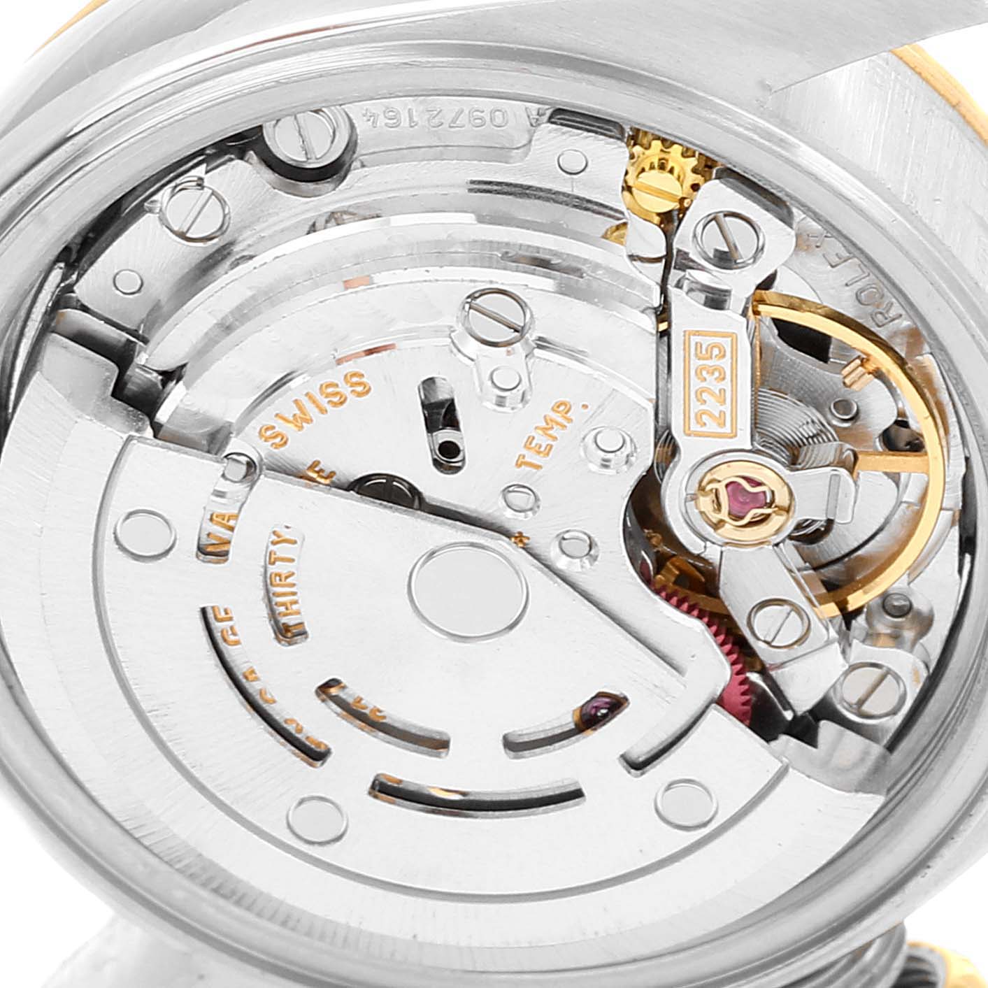 This image shows the internal mechanical movement of a Rolex Datejust 69173 Women
s Steel and Gold (two tone) Silver Dial 69173 Women
s Steel and Gold (two tone) Silver Dial watch, focusing on the intricate components from a close-up angle.