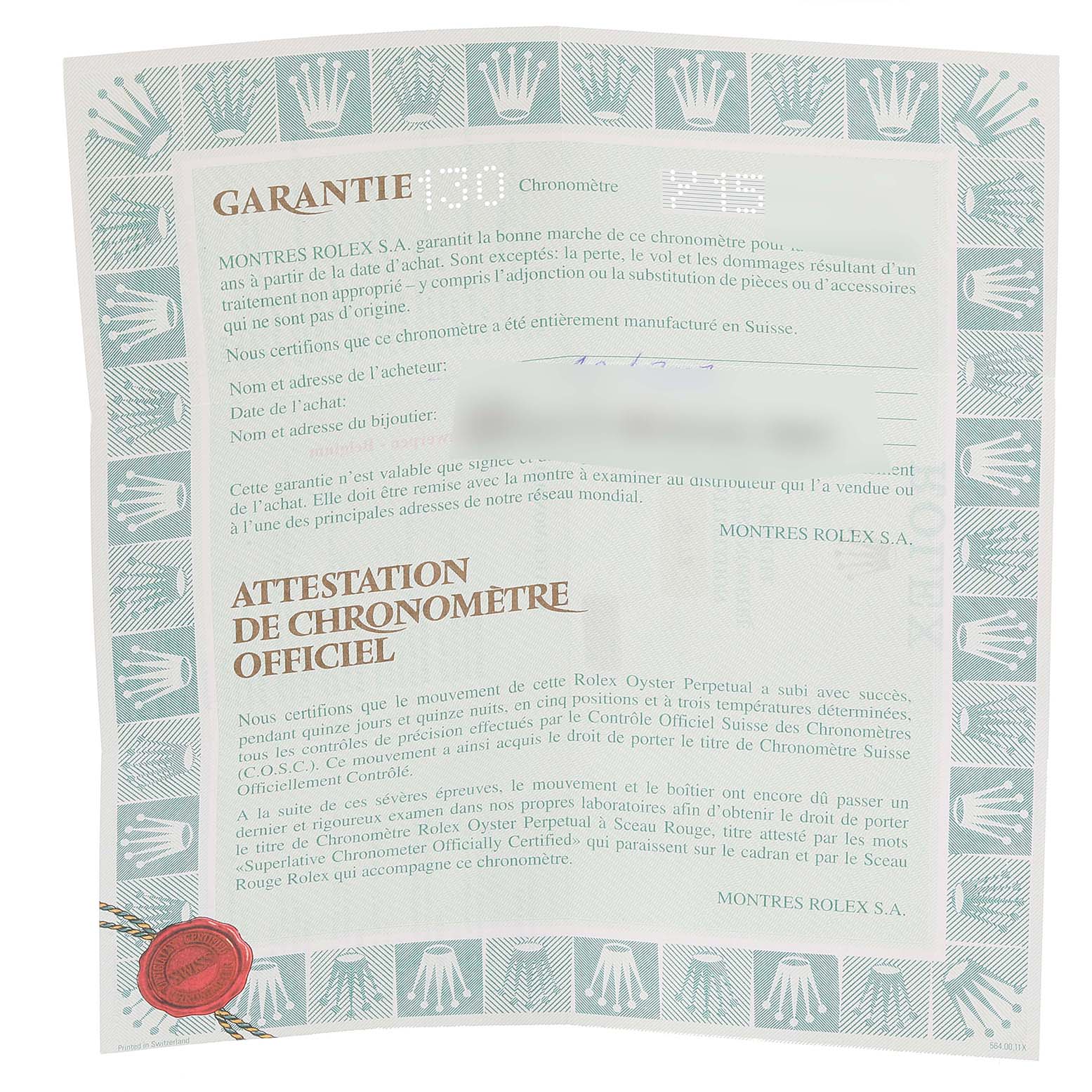 This is an official certificate of guarantee and chronometer certification for the Rolex Datejust 69173 Women
s Steel and Gold (two tone) Silver Dial 69173 Women
s Steel and Gold (two tone) Silver Dial watch model.