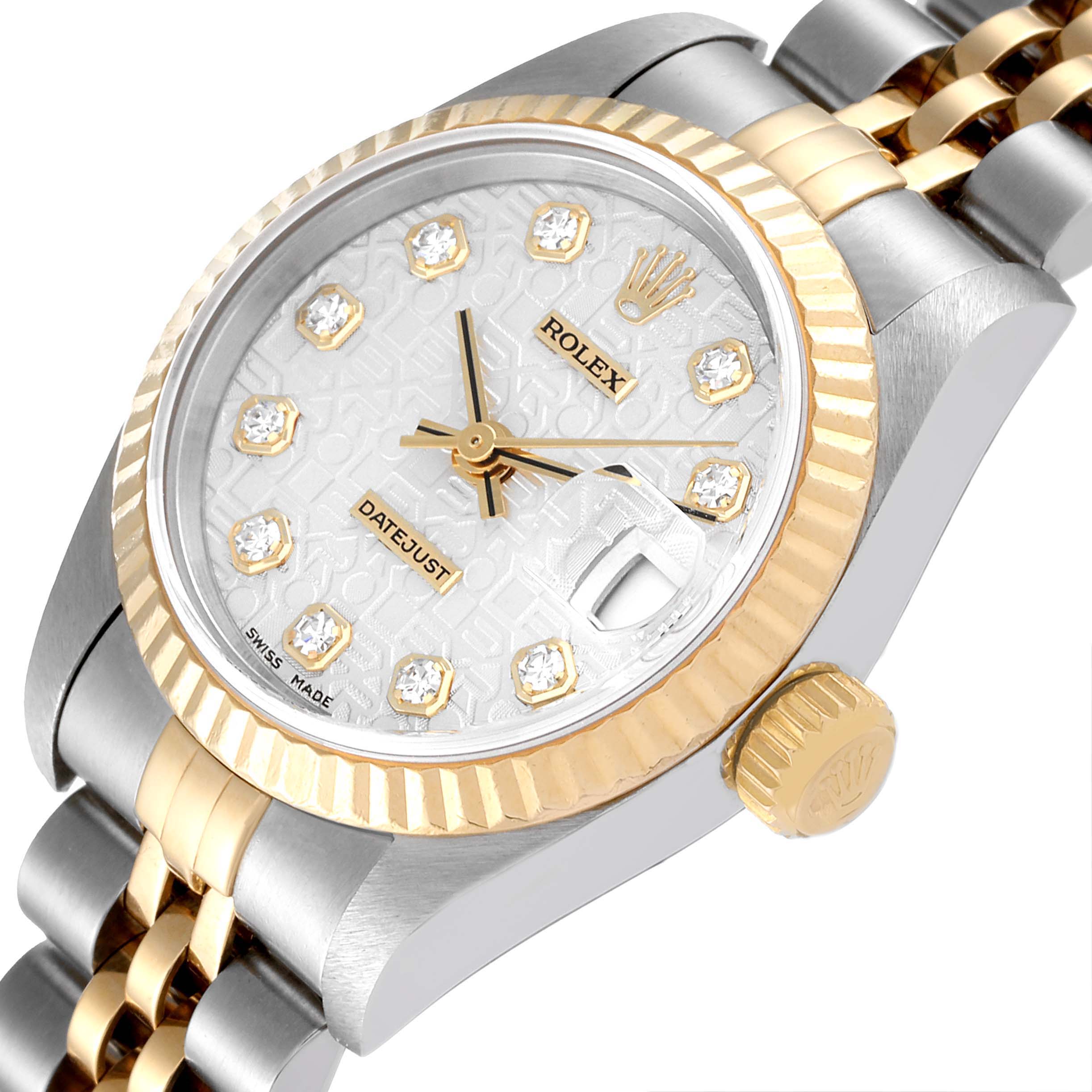 The image shows a Rolex Datejust 69173 Women
s Steel and Gold (two tone) Silver Dial 69173 Women
s Steel and Gold (two tone) Silver Dial watch at a slight angle, highlighting its dial, bezel, crown, and part of the bracelet.