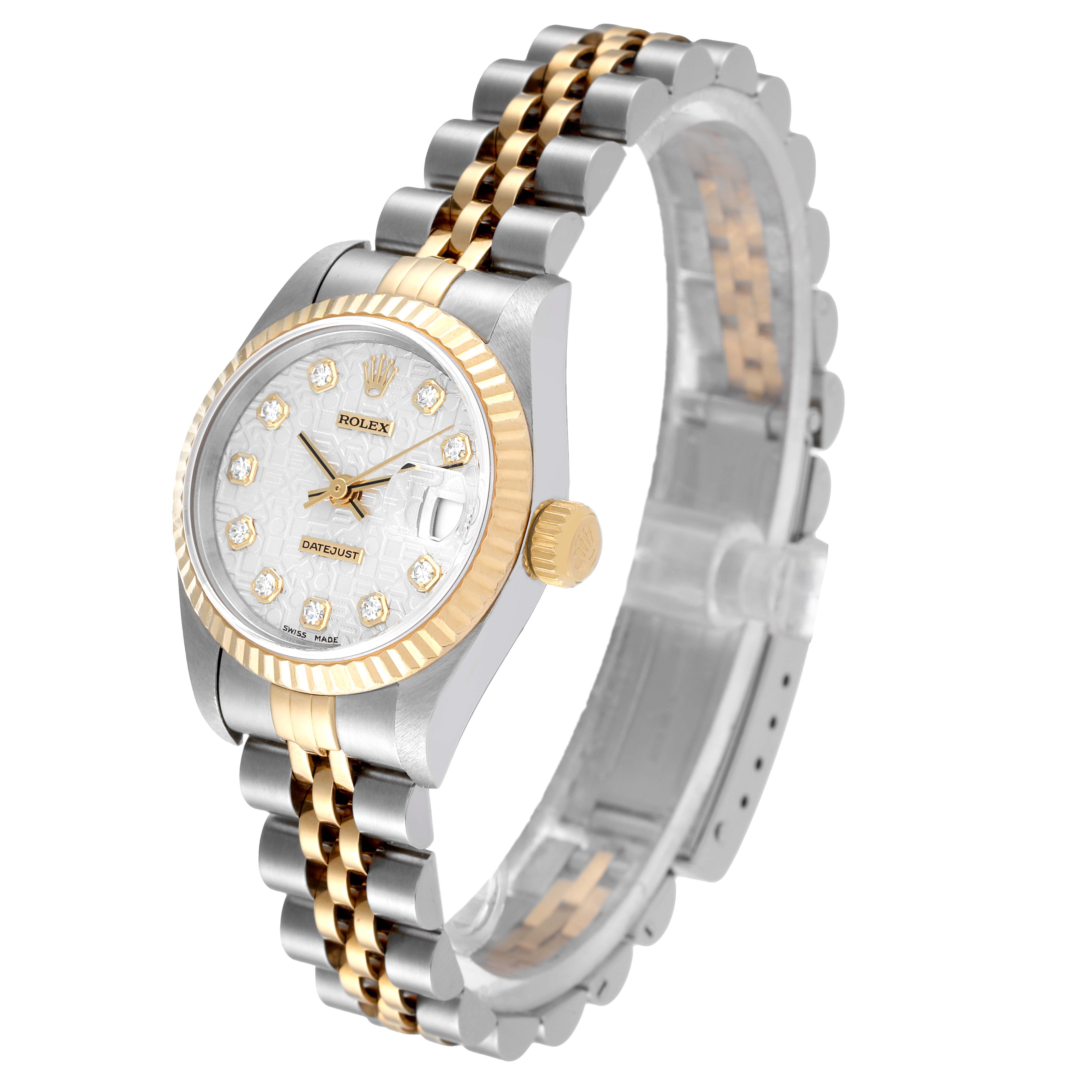 The Rolex Datejust 69173 Women
s Steel and Gold (two tone) Silver Dial 69173 Women
s Steel and Gold (two tone) Silver Dial watch is shown at an angle highlighting its face, fluted bezel, crown, and two-tone bracelet.