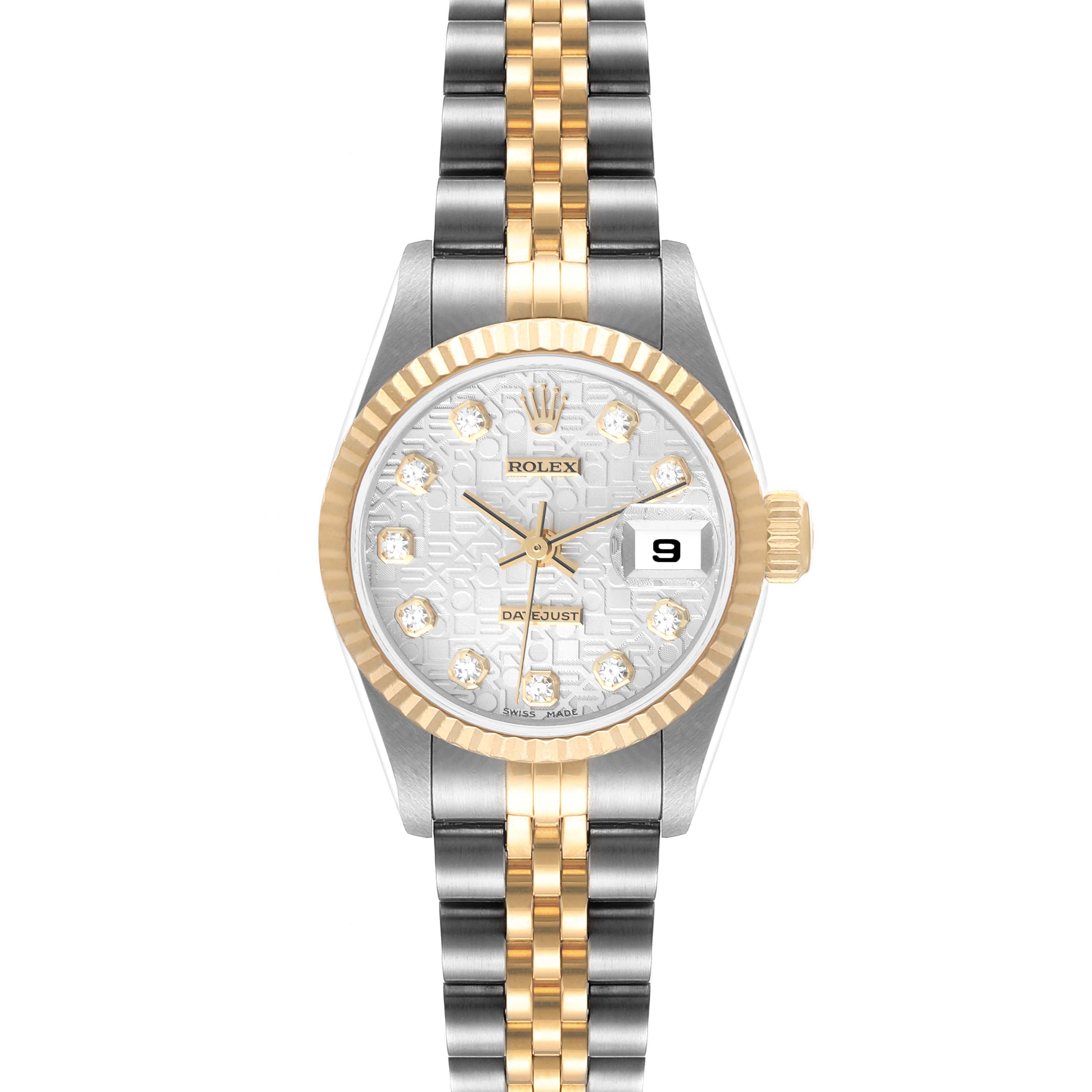 This is a front view of a Rolex Datejust 69173 Women
s Steel and Gold (two tone) Silver Dial 69173 Women
s Steel and Gold (two tone) Silver Dial watch featuring a two-tone bracelet and a fluted bezel.