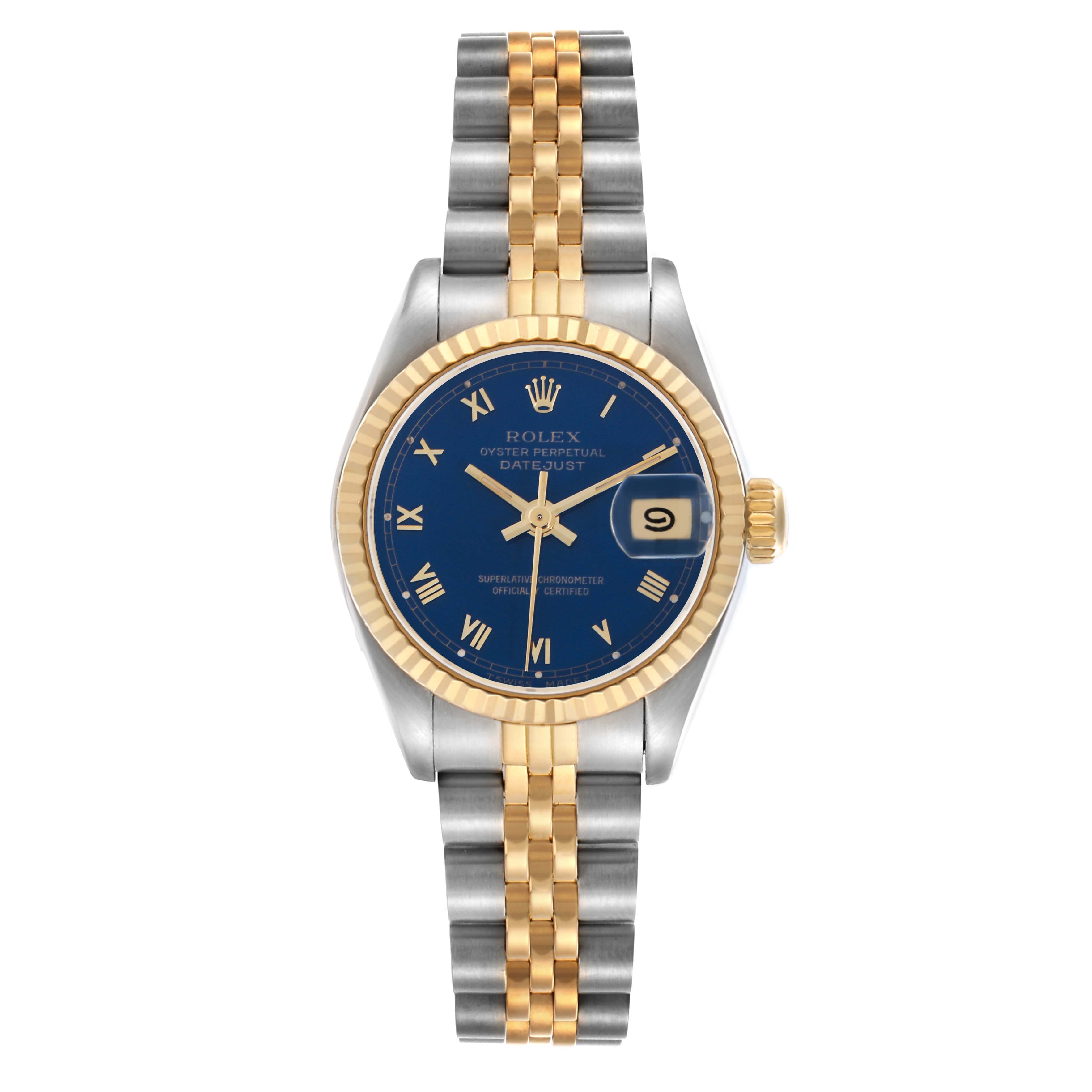 This Rolex Datejust 69173 Women's Steel and Gold (two tone) Blue Dial 69173 Women's Steel and Gold (two tone) Blue Dial watch is shown from a top-down angle, featuring its blue dial, fluted bezel, two-tone bracelet, and date window.
