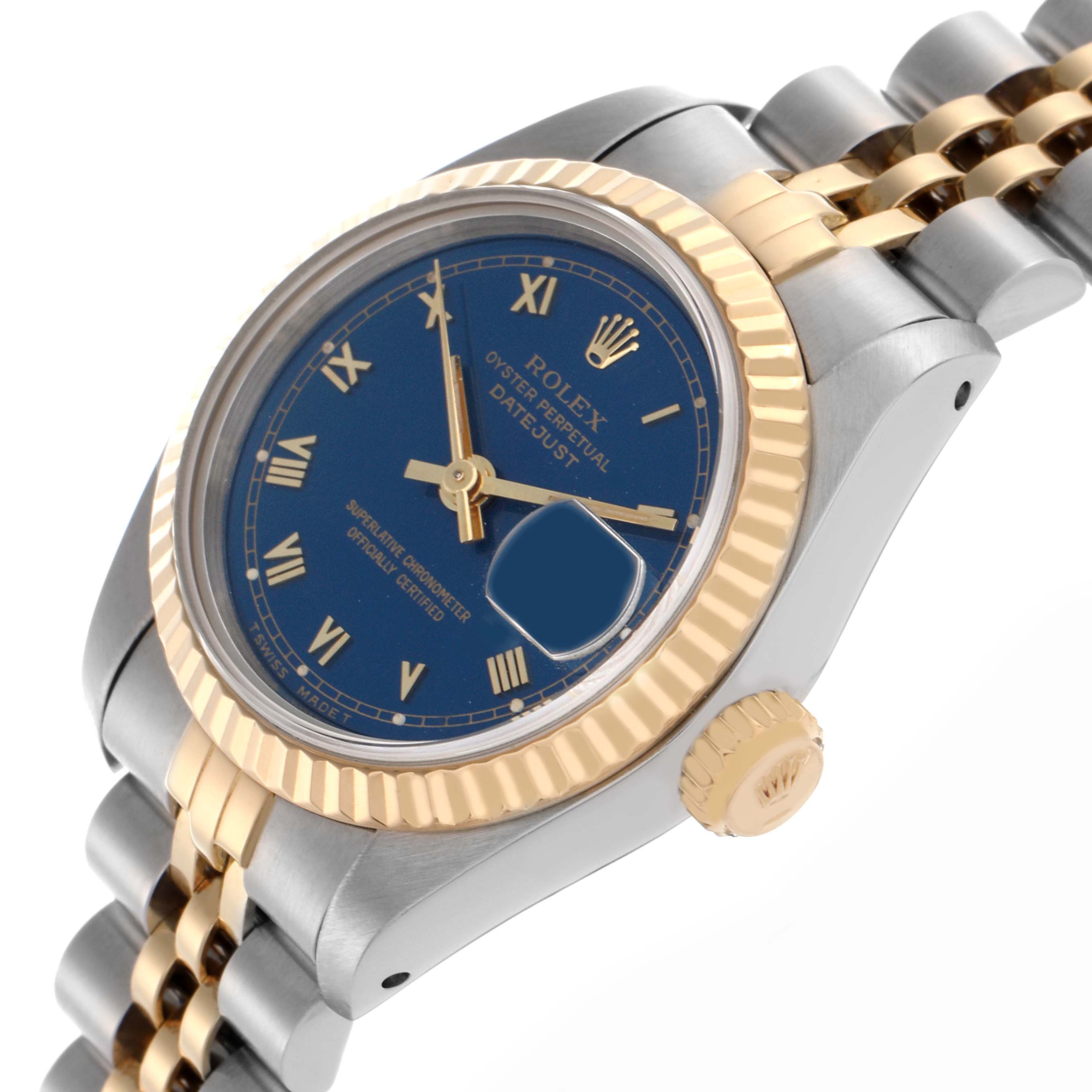 The image shows a Rolex Datejust 69173 Women's Steel and Gold (two tone) Blue Dial 69173 Women's Steel and Gold (two tone) Blue Dial watch from a diagonal angle, highlighting the case, bezel, crown, and bracelet.
