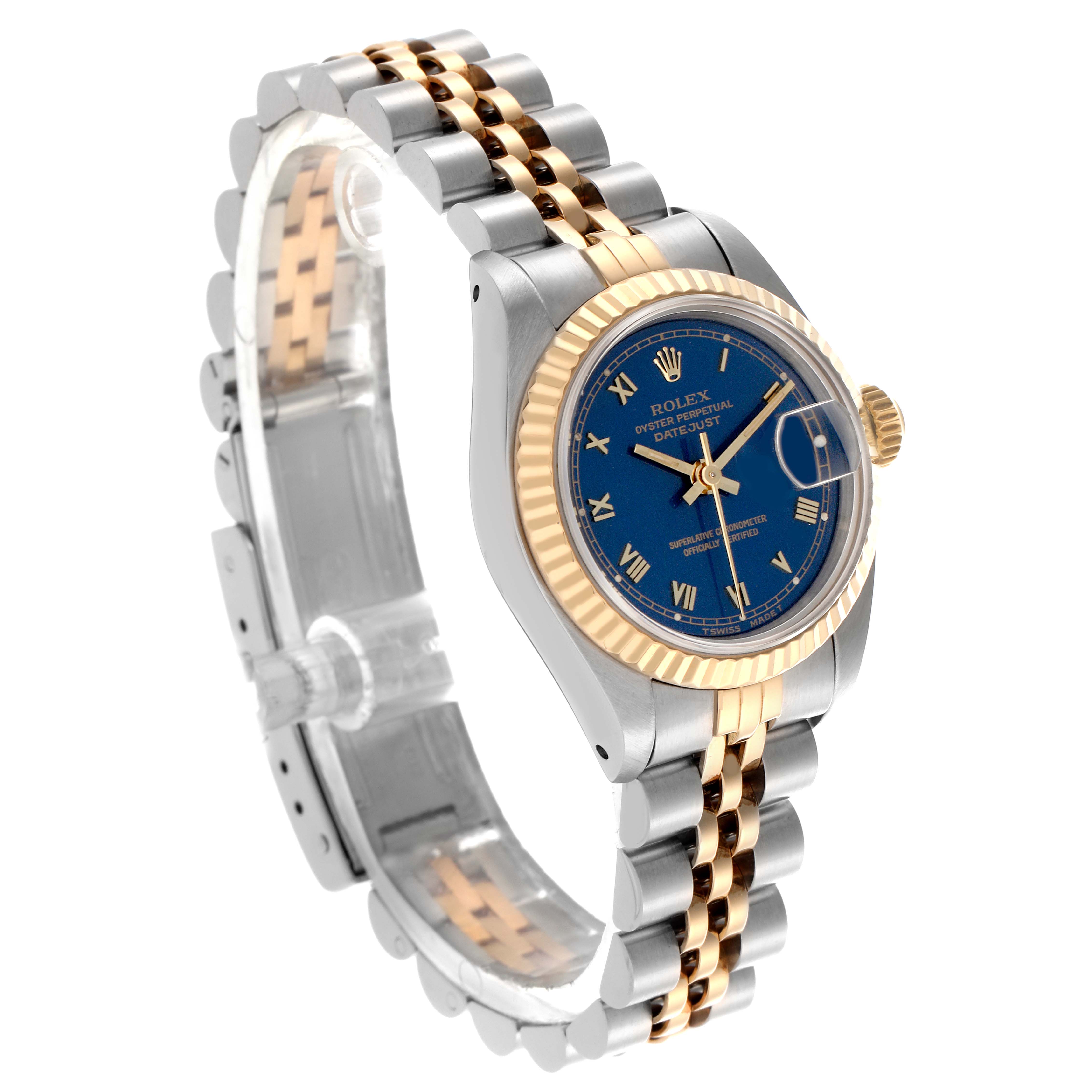 The Rolex Datejust 69173 Women's Steel and Gold (two tone) Blue Dial 69173 Women's Steel and Gold (two tone) Blue Dial watch is shown at a slight angle, highlighting the dial, bezel, and two-tone bracelet.