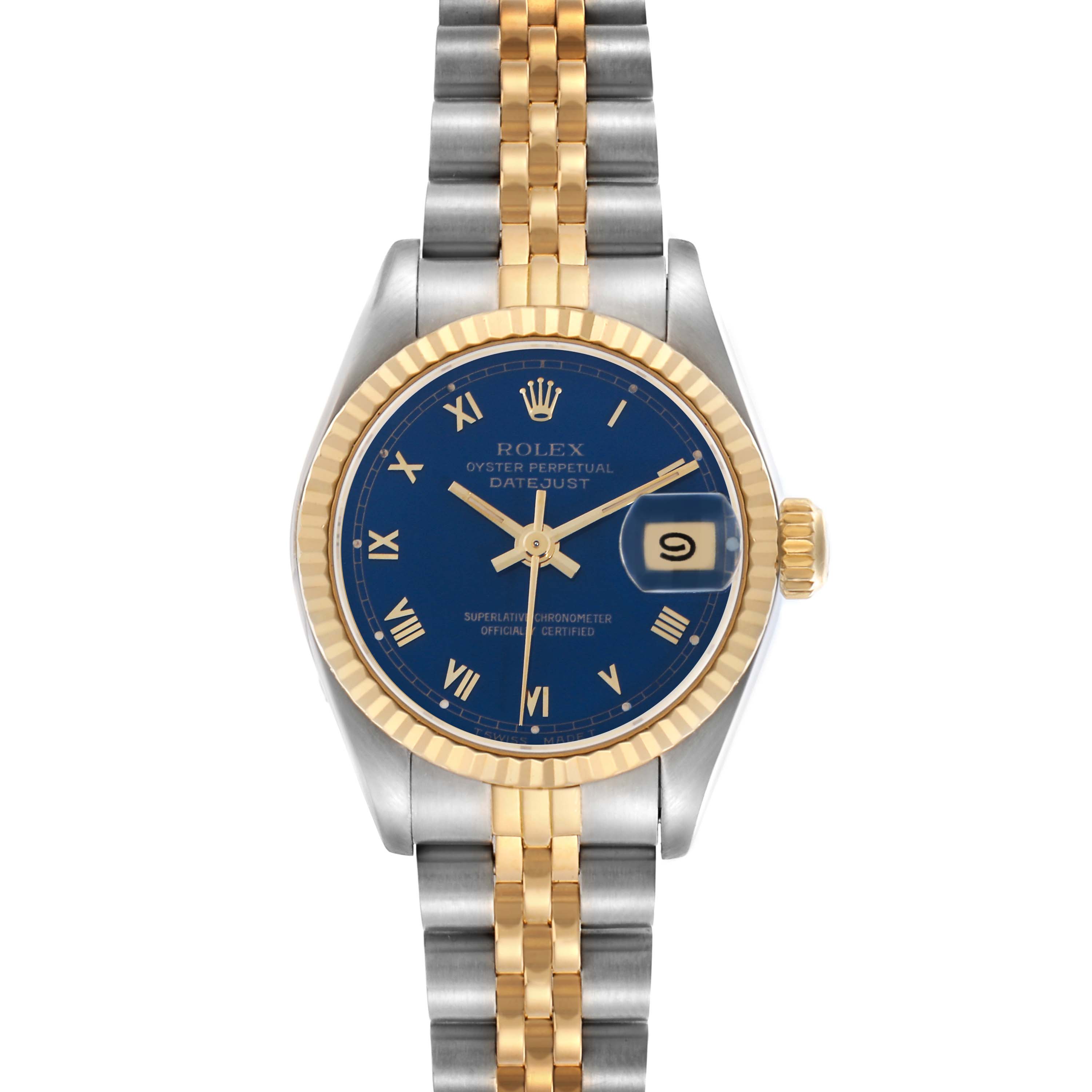The Rolex Datejust 69173 Women's Steel and Gold (two tone) Blue Dial 69173 Women's Steel and Gold (two tone) Blue Dial watch is shown from the front, displaying the dial, hands, bezel, case, and part of the bracelet.