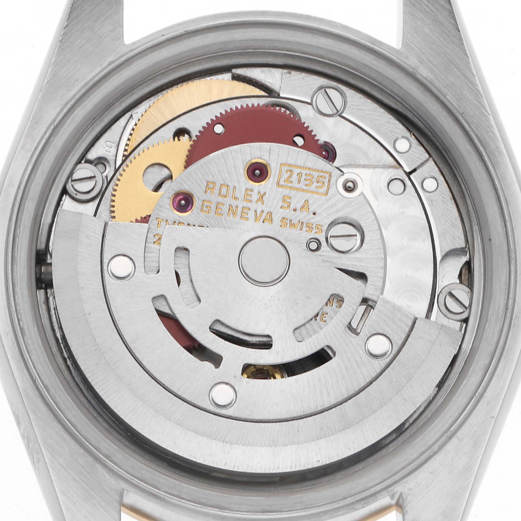 The image shows the movement of a Rolex Datejust 69173 Women's Steel and Gold (two tone) Blue Dial 69173 Women's Steel and Gold (two tone) Blue Dial watch from the back, highlighting gears and mechanical components.