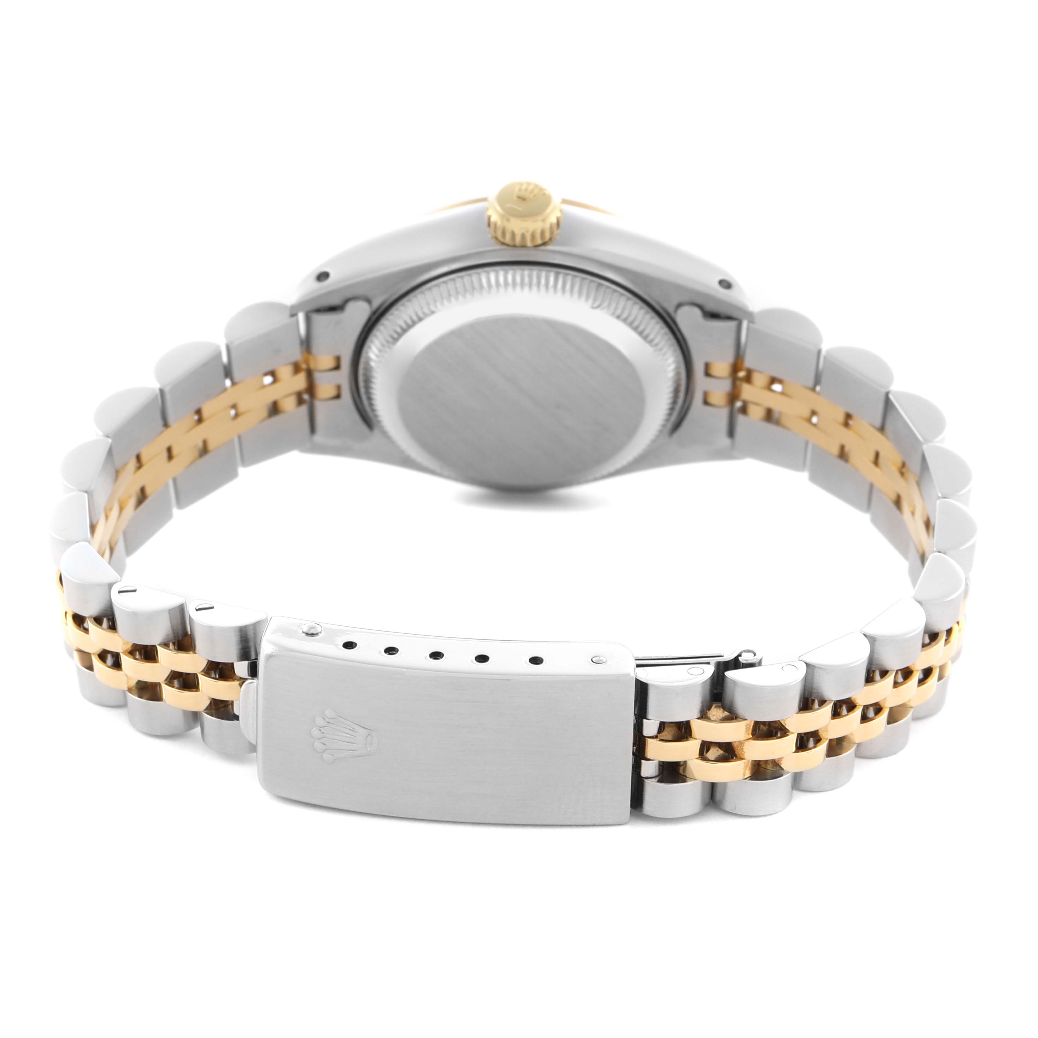 The image shows the Rolex Datejust 69173 Women's Steel and Gold (two tone) Blue Dial 69173 Women's Steel and Gold (two tone) Blue Dial watch from the back, highlighting the clasp and jubilee bracelet.