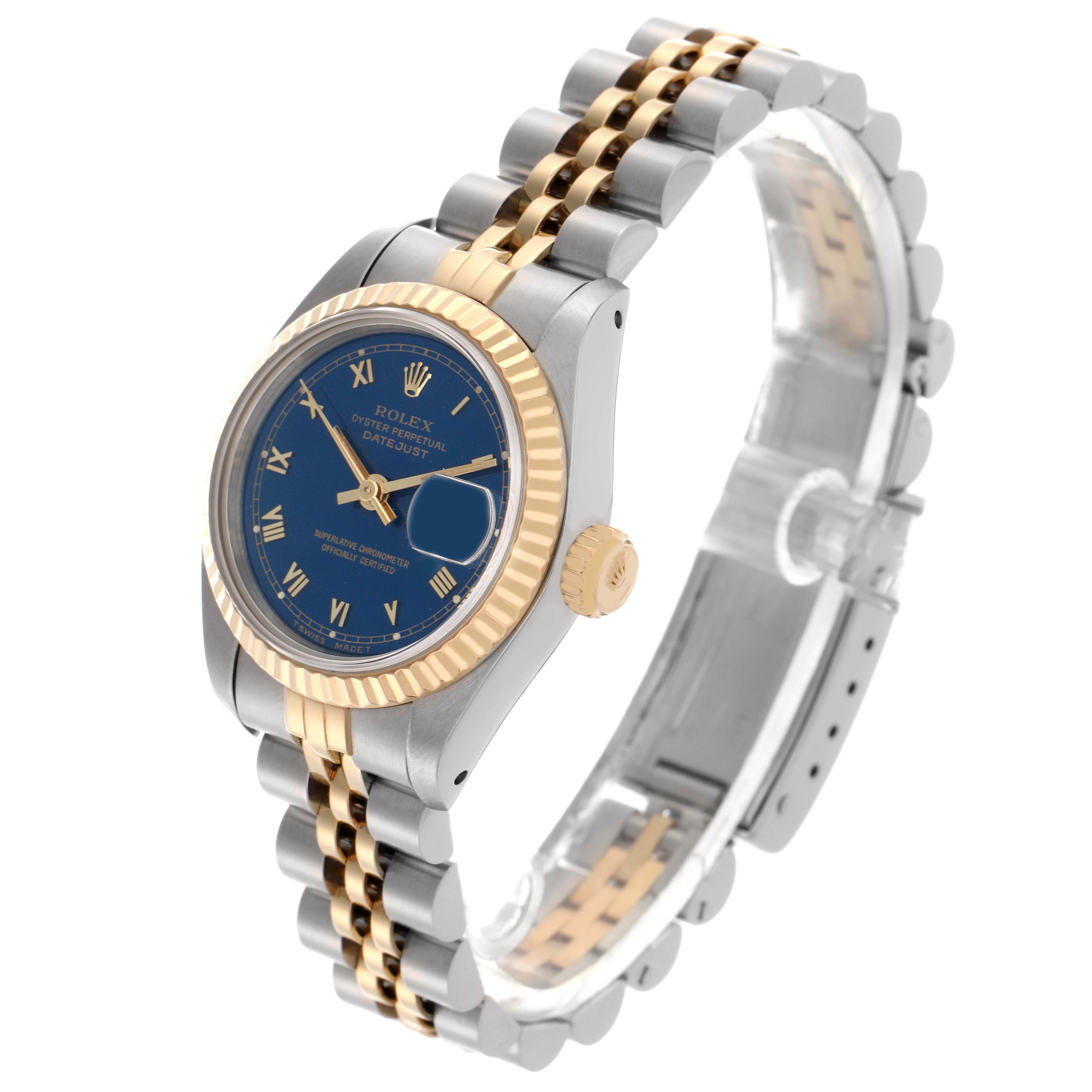 The Rolex Datejust 69173 Women's Steel and Gold (two tone) Blue Dial 69173 Women's Steel and Gold (two tone) Blue Dial watch is shown at a three-quarter angle, displaying the dial, bezel, crown, and two-tone bracelet.