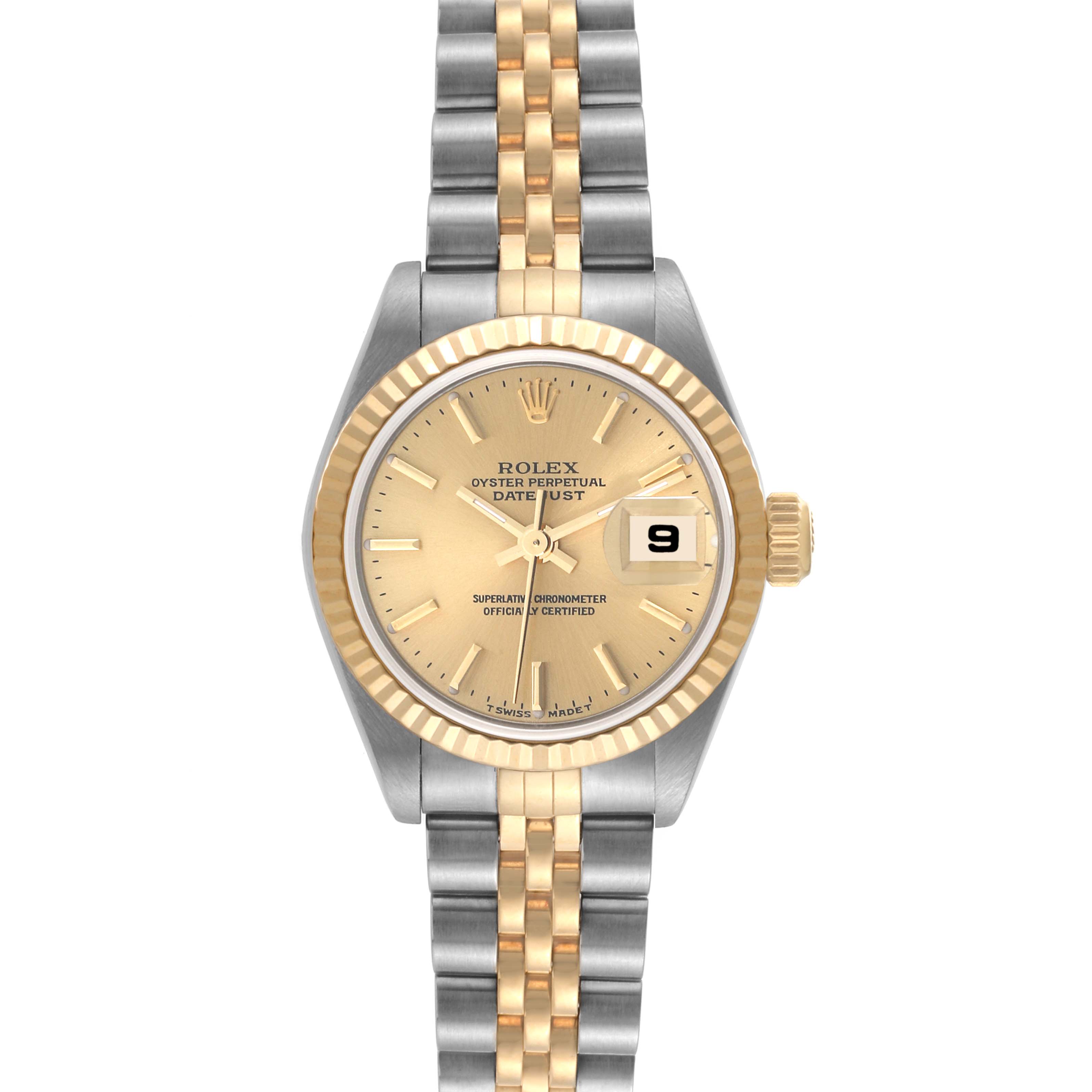 This image shows a front view of a Rolex Datejust 79173 Women's Steel and Gold (two tone) Champagne Dial 79173 Women's Steel and Gold (two tone) Champagne Dial watch, highlighting its two-tone bracelet, fluted bezel, and date display.