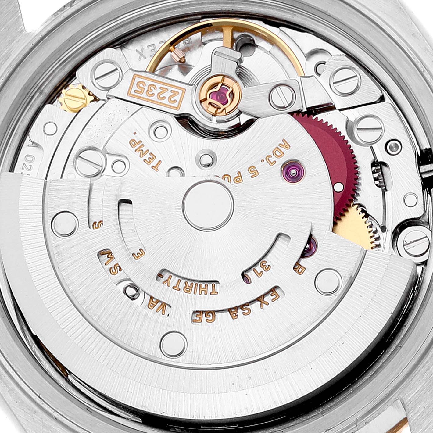 This image shows the internal movement mechanism of a Rolex Datejust 79173 Women's Steel and Gold (two tone) Champagne Dial 79173 Women's Steel and Gold (two tone) Champagne Dial watch from the back.