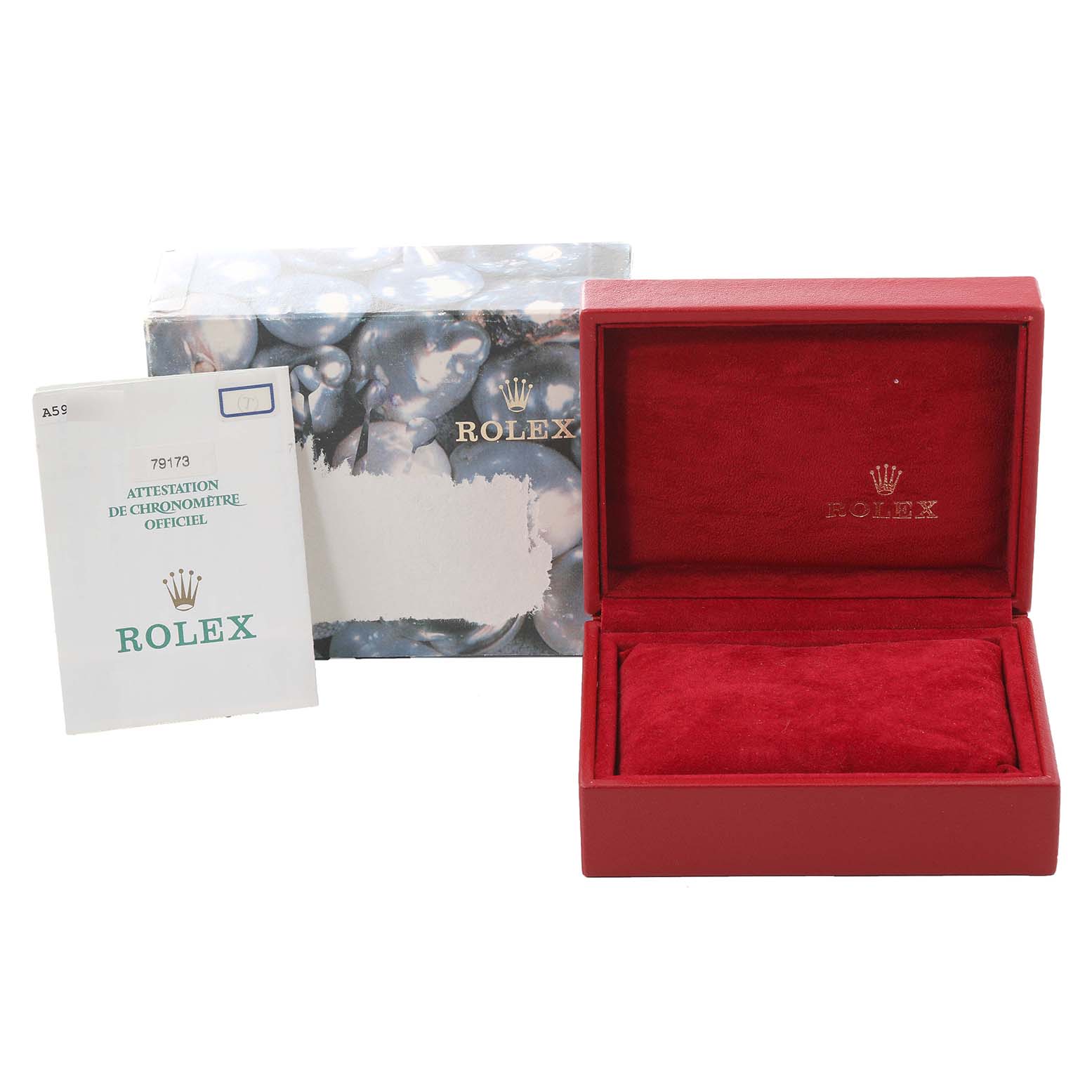 The image shows a Rolex Datejust 79173 Women's Steel and Gold (two tone) Champagne Dial 79173 Women's Steel and Gold (two tone) Champagne Dial watch box, outer cardboard box, and the official certification booklet.