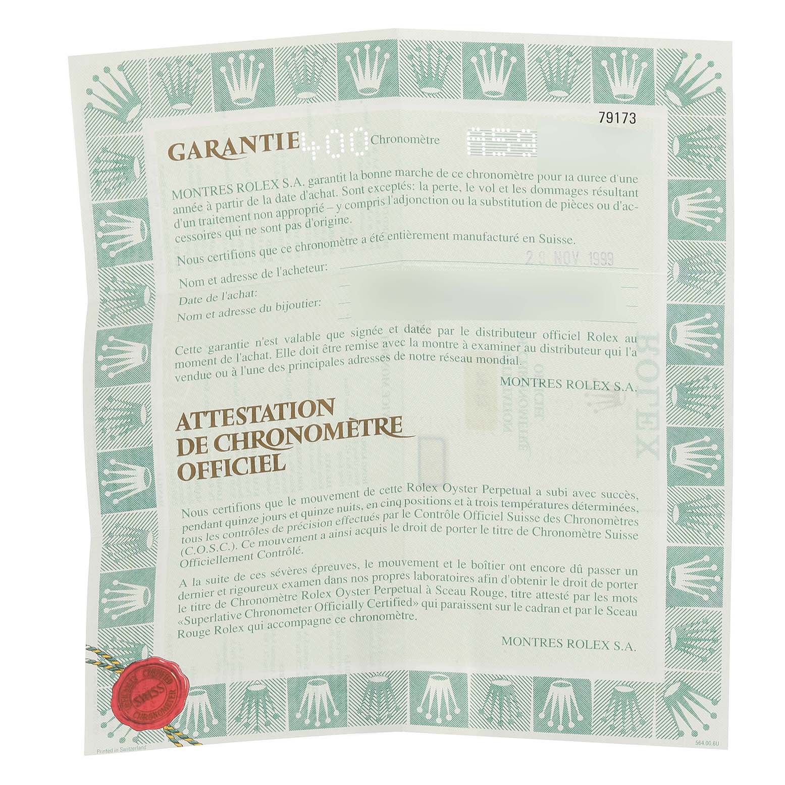 The image shows a warranty and certification document for a Rolex Datejust 79173 Women's Steel and Gold (two tone) Champagne Dial 79173 Women's Steel and Gold (two tone) Champagne Dial watch, viewed from above.