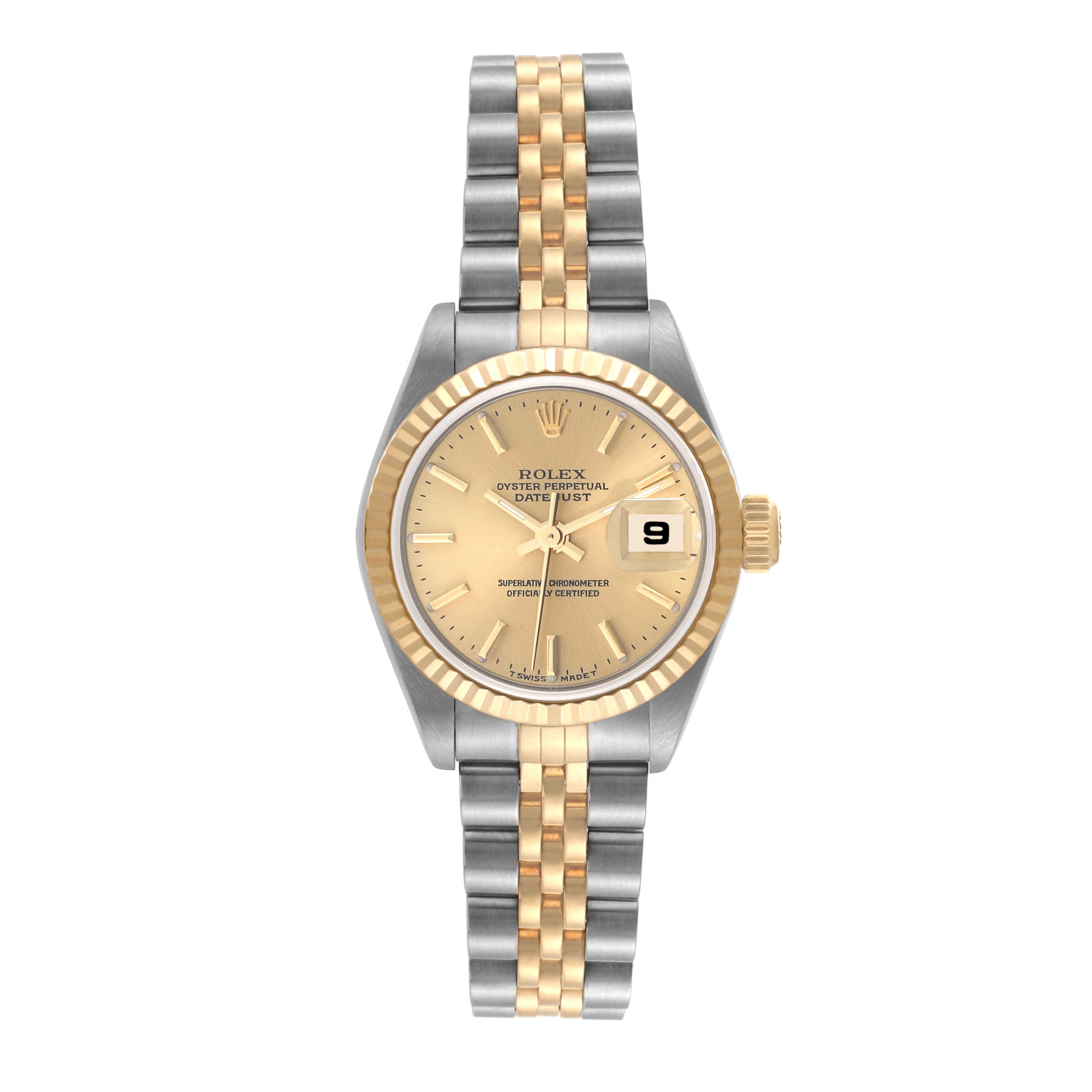 The image shows a full frontal view of a Rolex Datejust 79173 Women's Steel and Gold (two tone) Champagne Dial 79173 Women's Steel and Gold (two tone) Champagne Dial watch, featuring its dial, bezel, hands, and bracelet.